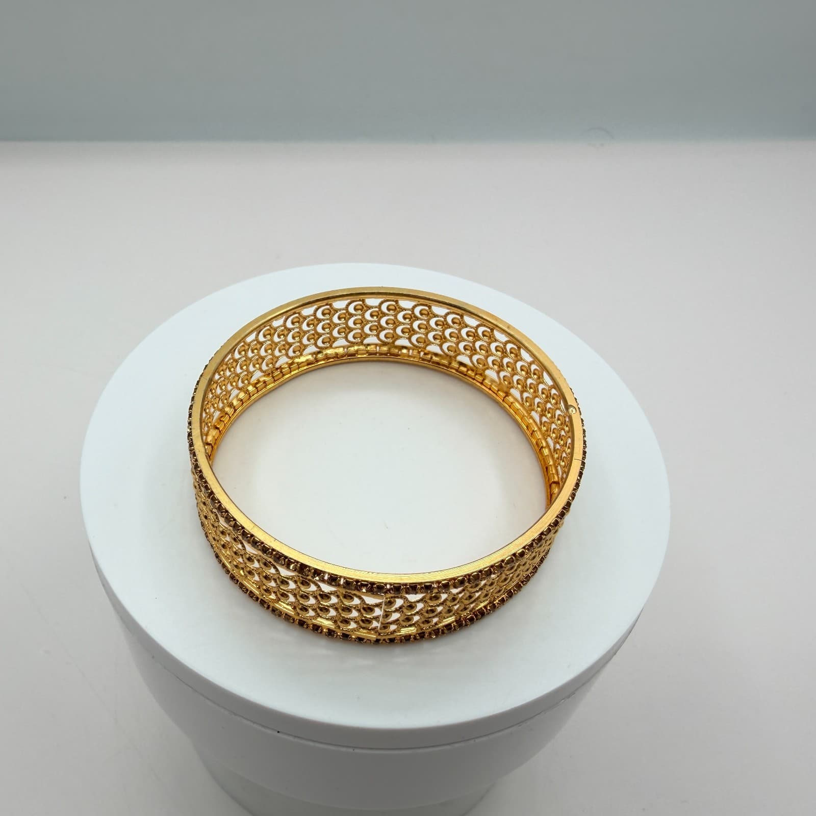 Vintage Gold Tone Clamper Bracelet Rhinestone Borders Openwork Filigree Hinged - Thumbnail 6