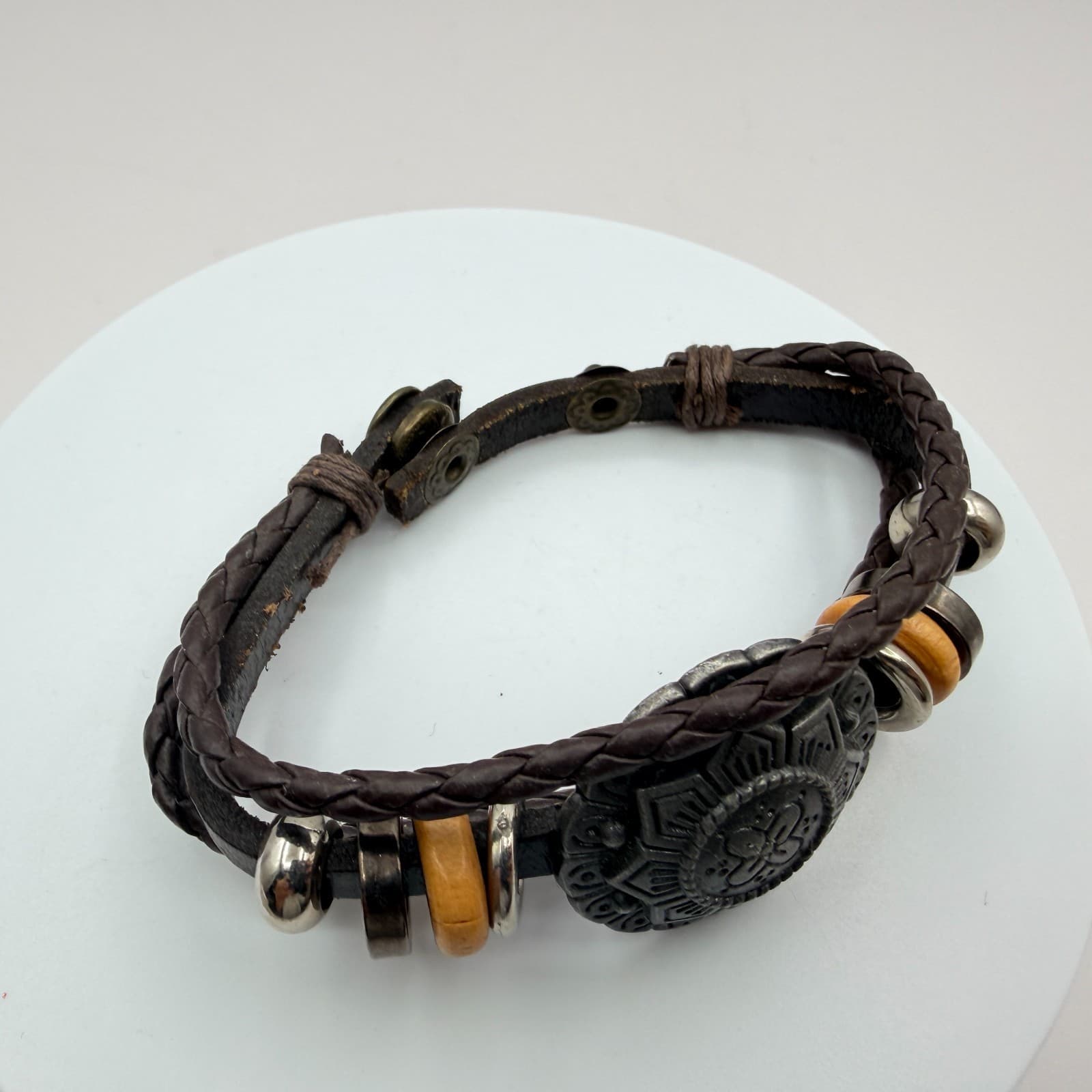 Vintage Multi Strand Leather Bracelet Wood Beads Metal Medallion Cuff Tribal 90s - Thumbnail 3