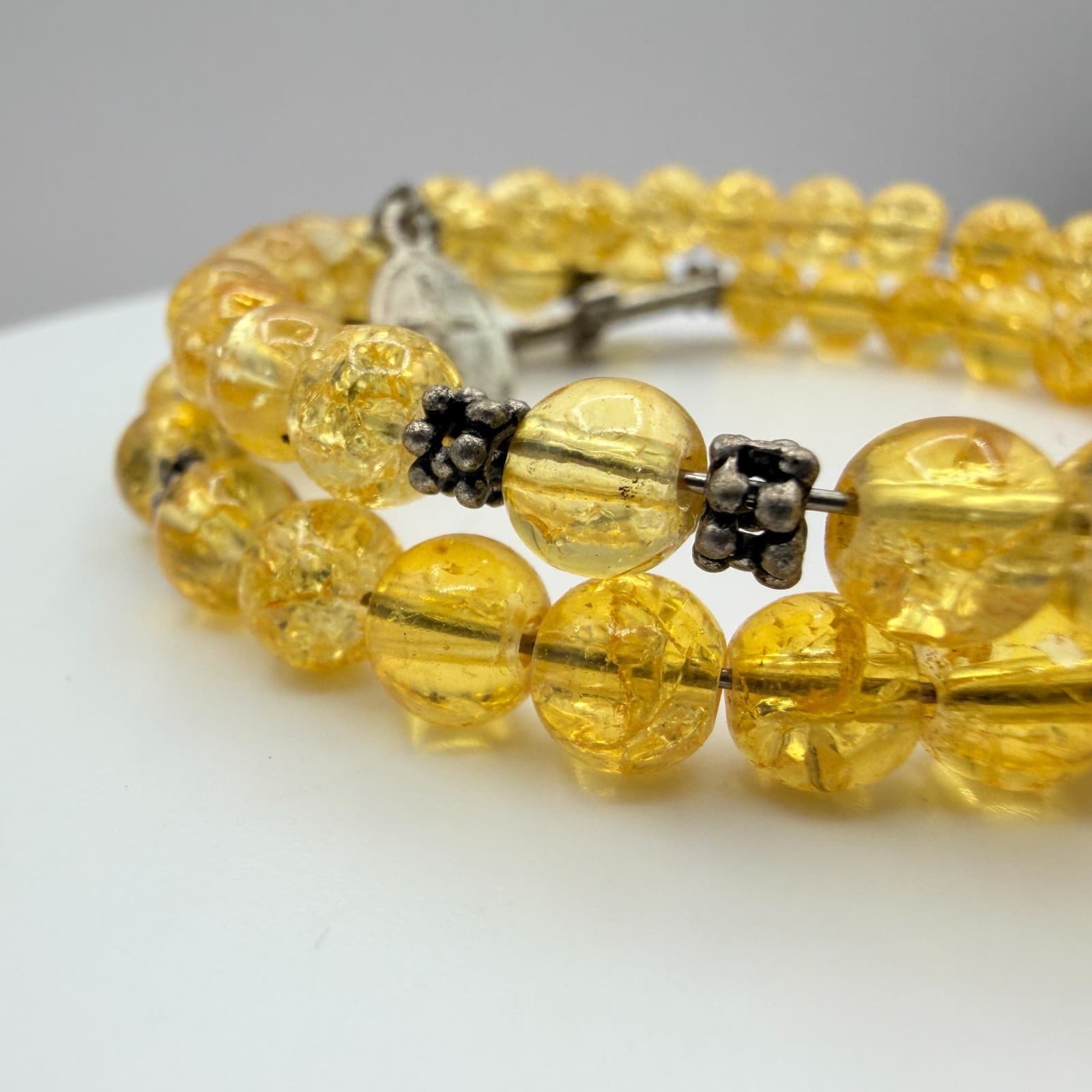 Vintage Yellow Beaded Wrap Bracelet Crackle Glass Citrine Color Cross Charm Boho - Thumbnail 5