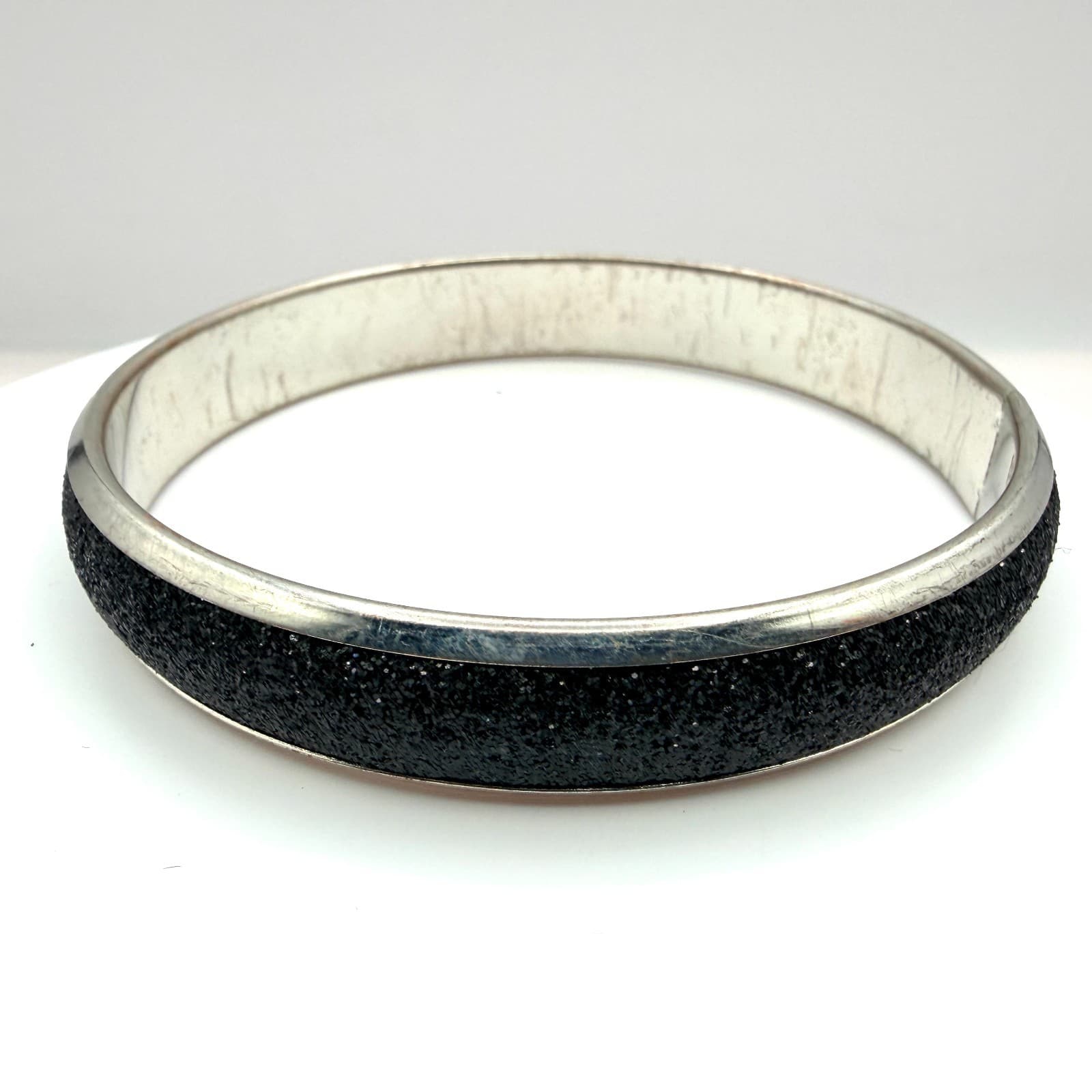 Vintage Silver Tone Bangle Bracelet Black Glitter Texture Inlay Stackable Slim
