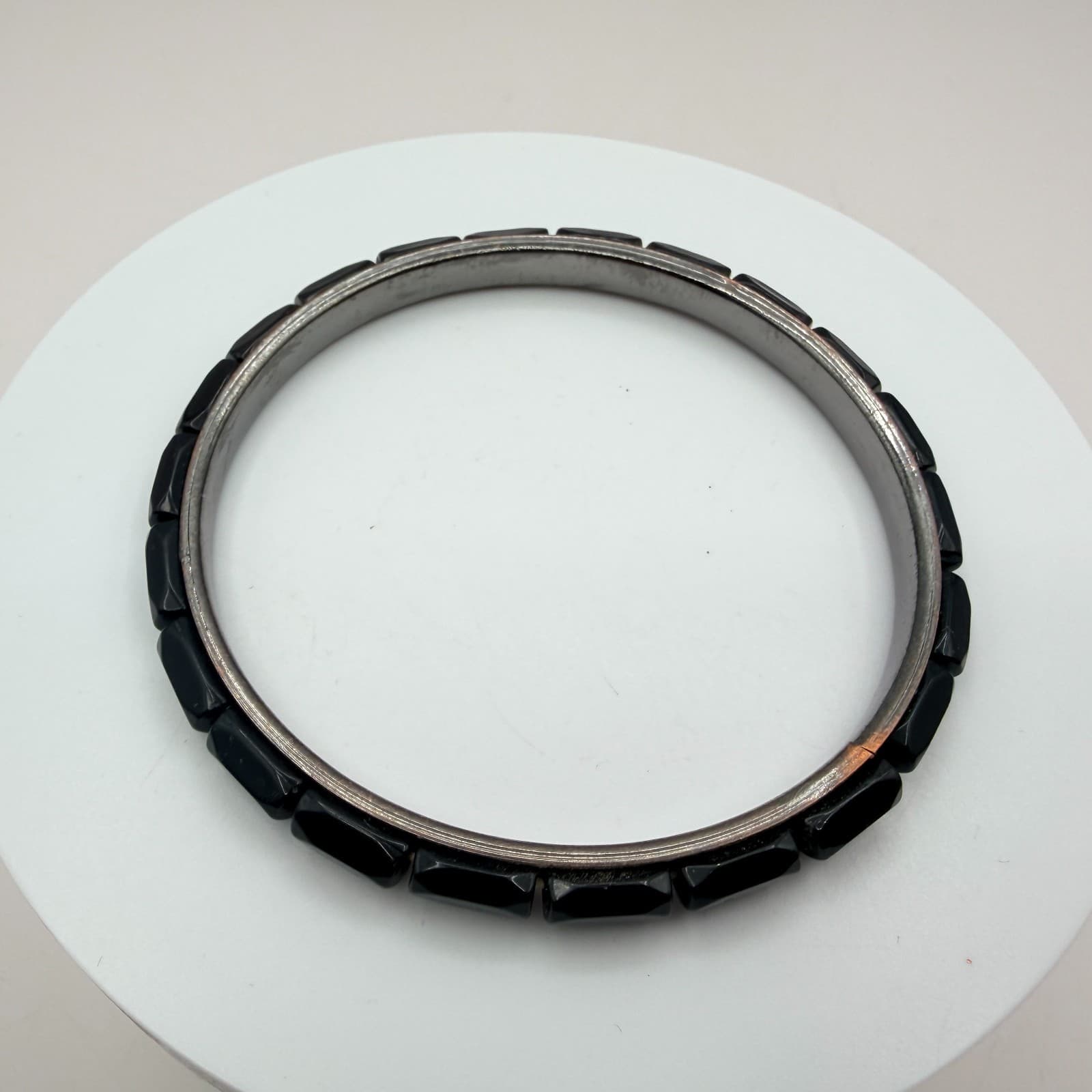 Vintage Silver Tone Bangle Bracelet Black Stone Style Accents Stackable Slim 90s - Thumbnail 4