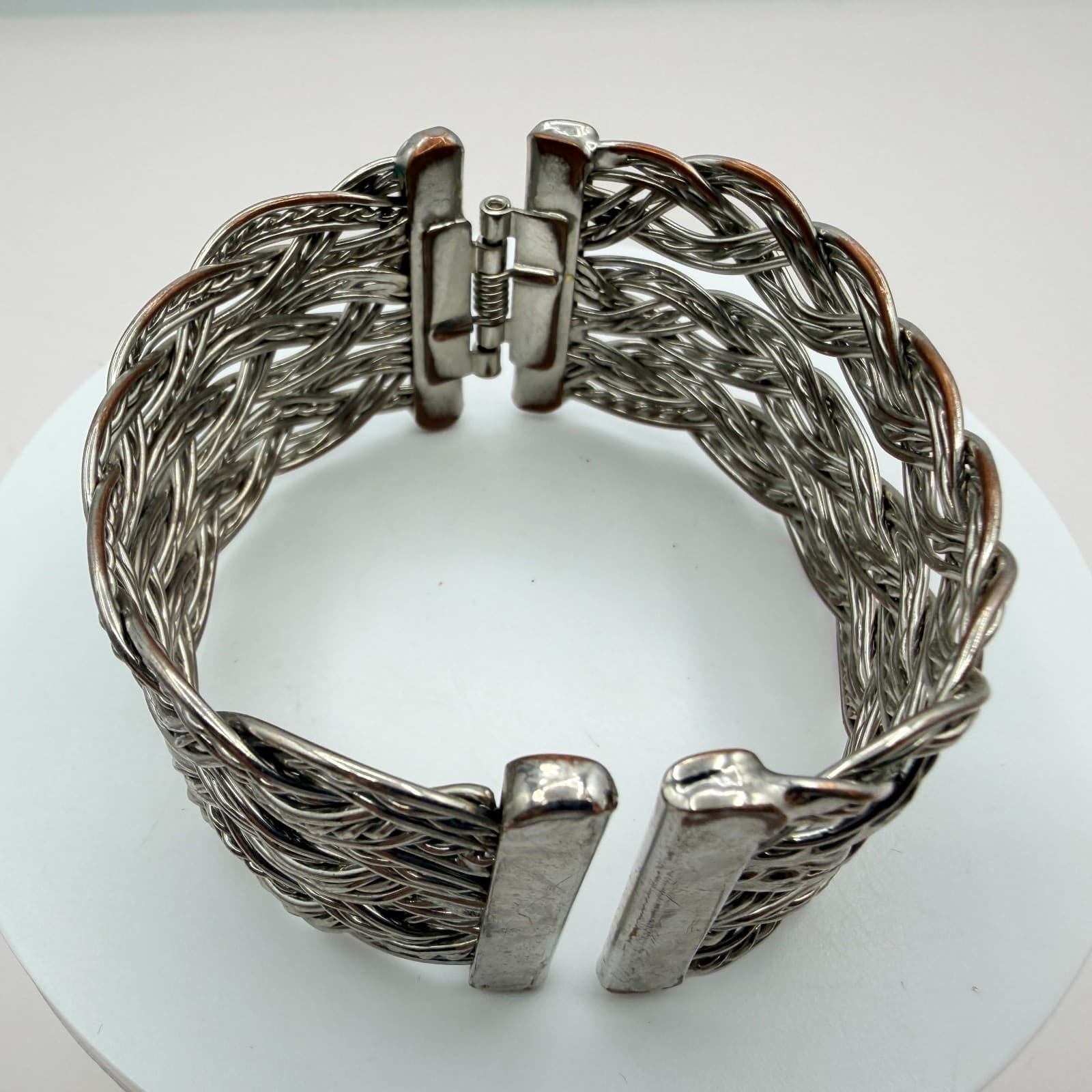 Vintage Silver Tone Cuff Bracelet Braided Wire Mesh Wide Hinged Bypass Bangle - Thumbnail 7