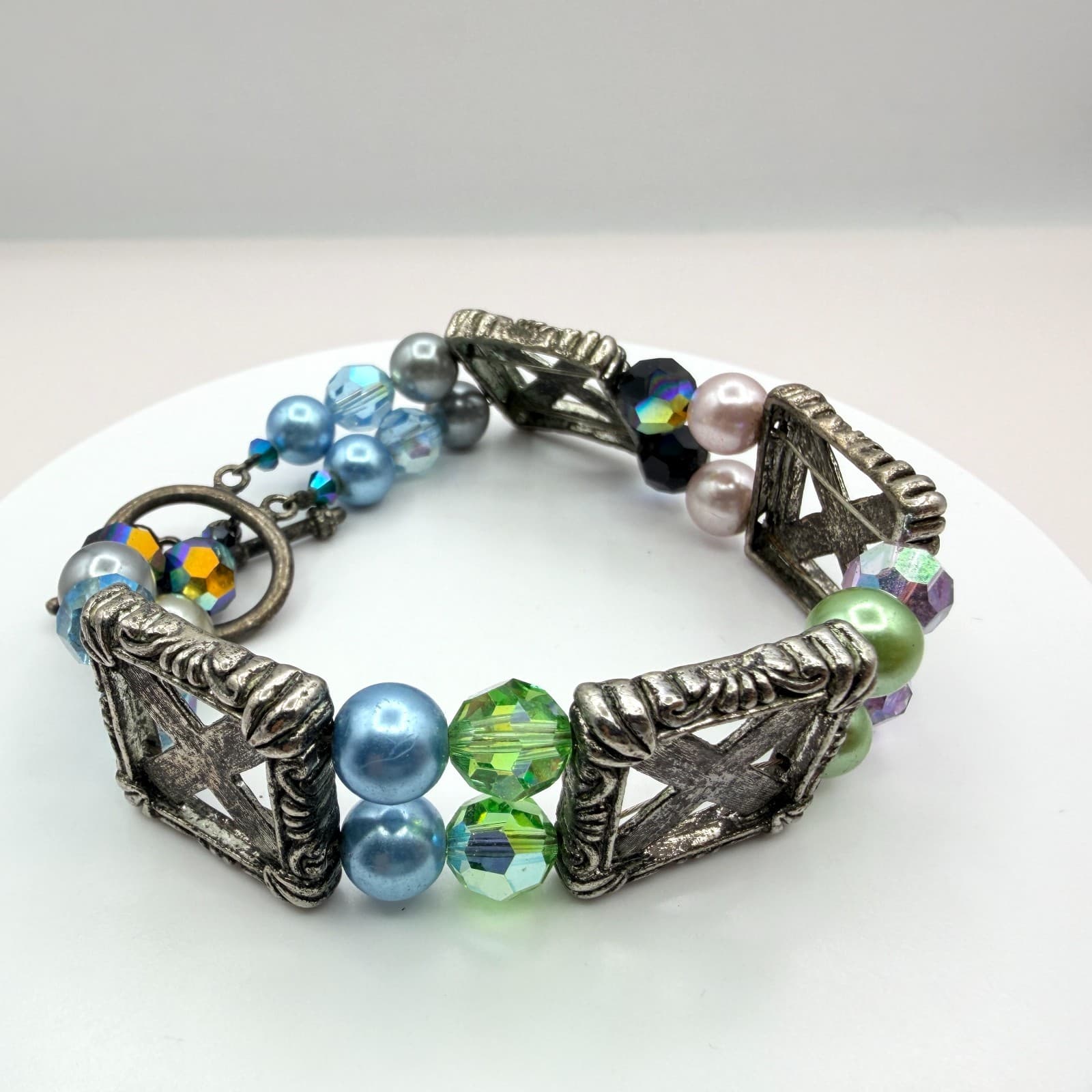 Vintage Silver Tone Chunky Beaded Bracelet Statement Boho Multi Color Faux Pearl