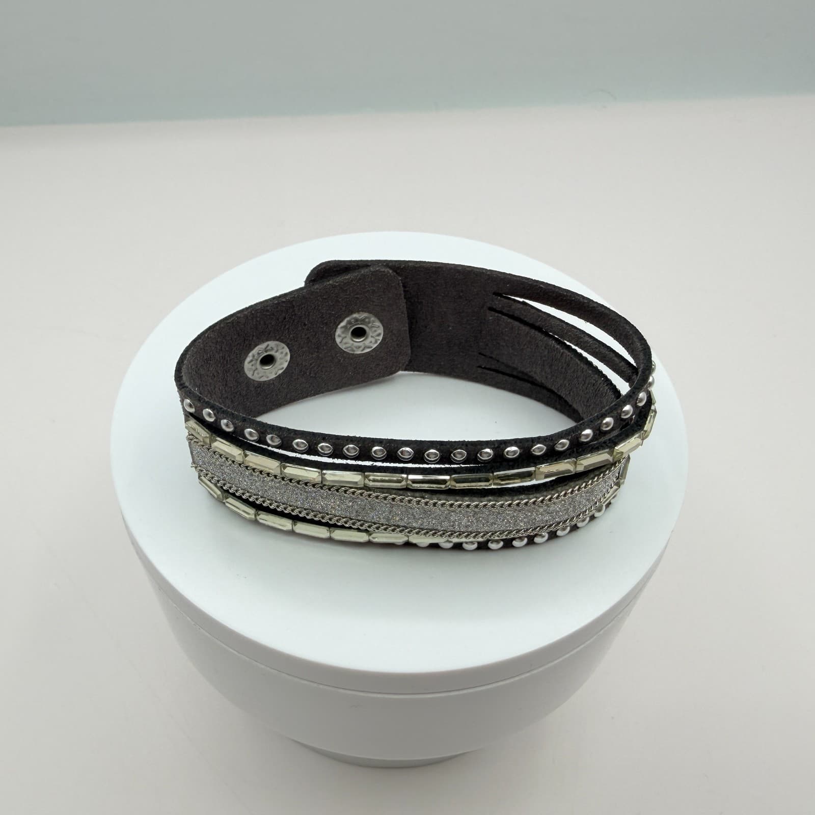 Vintage Gray Faux Suede Cuff Bracelet Chunky Layered Rhinestone Chain Studded - Thumbnail 8