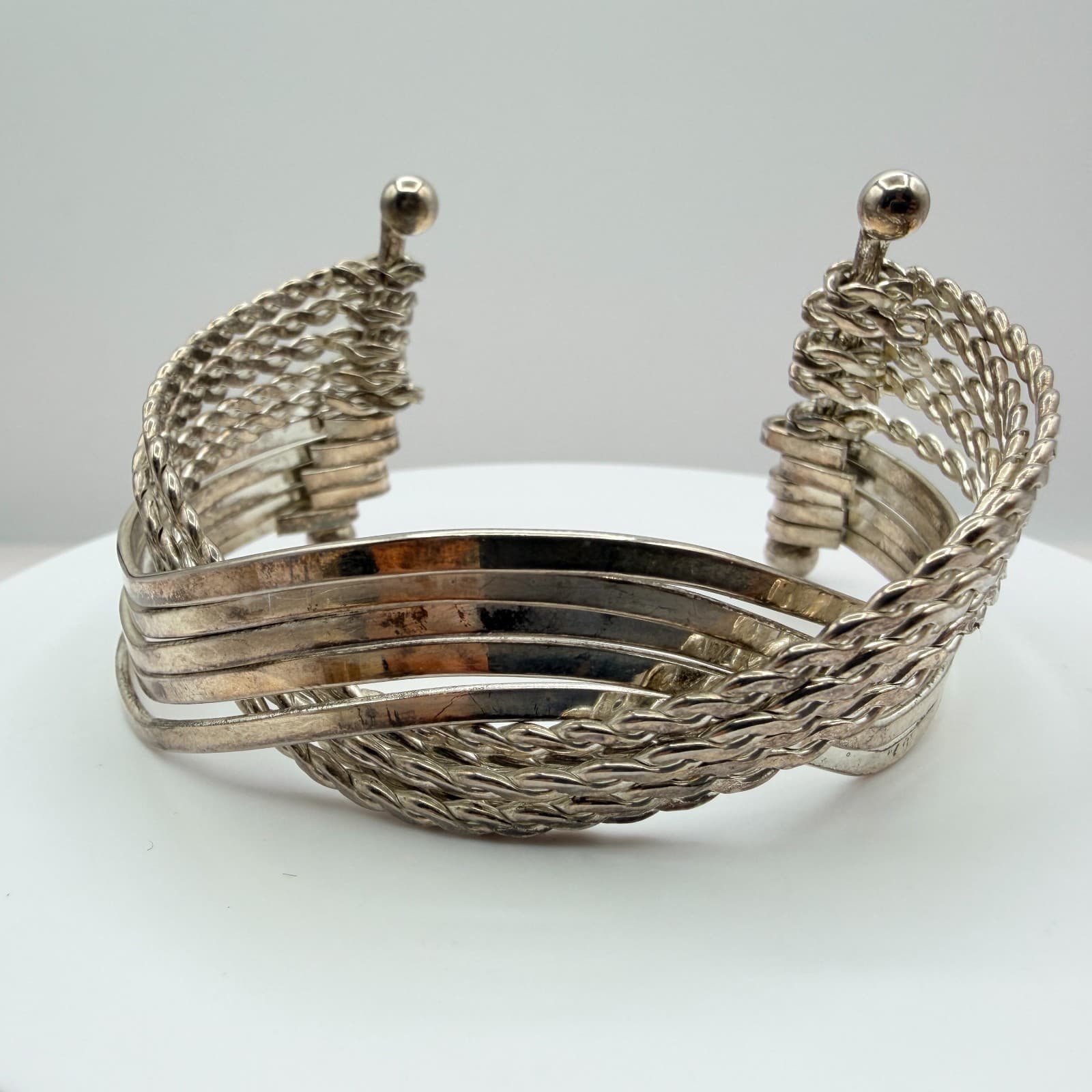 Vintage Silver Tone Multi Strand Cuff Bracelet Twisted Wire Layered Statement - Thumbnail 2