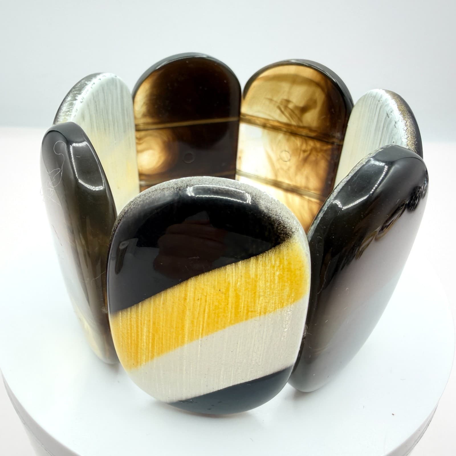 Vintage Acrylic Stretch Bracelet Chunky Wide Panel Striped Marbled Statement 90s
