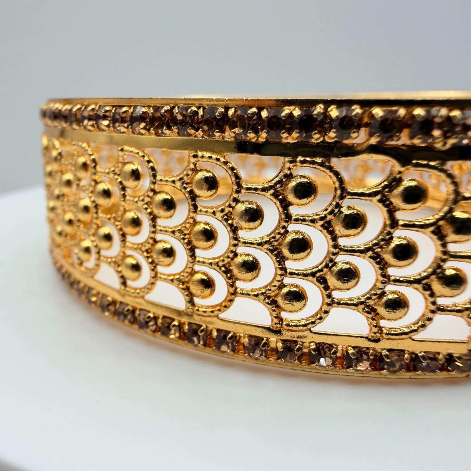 Vintage Gold Tone Clamper Bracelet Rhinestone Borders Openwork Filigree Hinged - Thumbnail 5