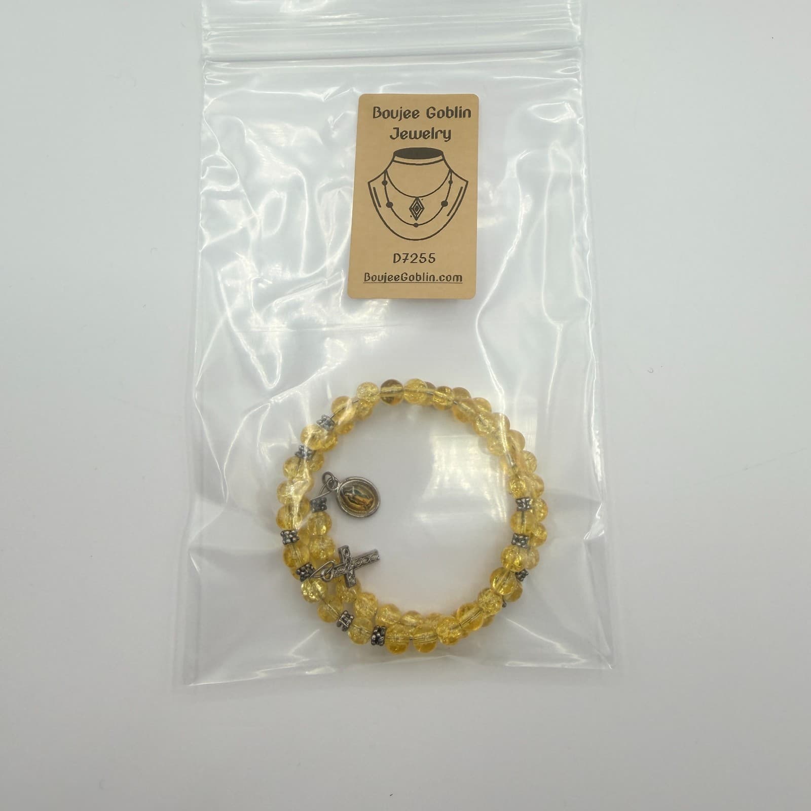 Vintage Yellow Beaded Wrap Bracelet Crackle Glass Citrine Color Cross Charm Boho - Thumbnail 10