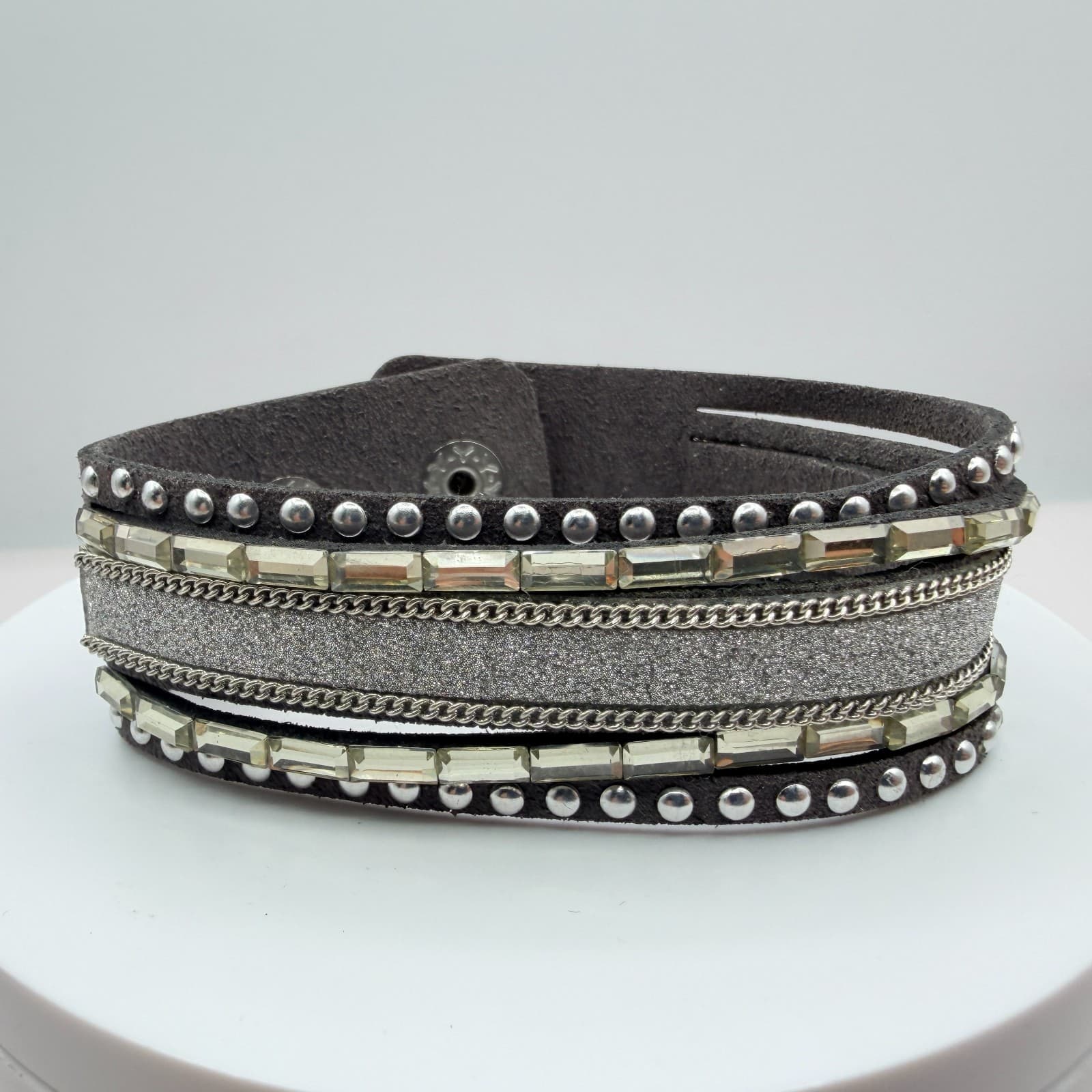 Vintage Gray Faux Suede Cuff Bracelet Chunky Layered Rhinestone Chain Studded - Thumbnail 5