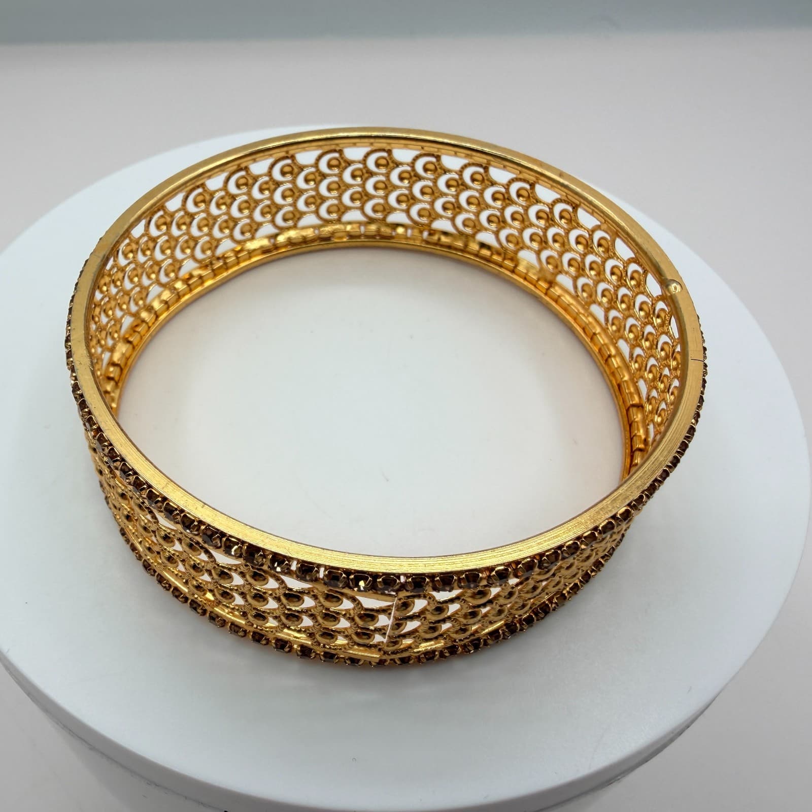 Vintage Gold Tone Clamper Bracelet Rhinestone Borders Openwork Filigree Hinged - Thumbnail 3