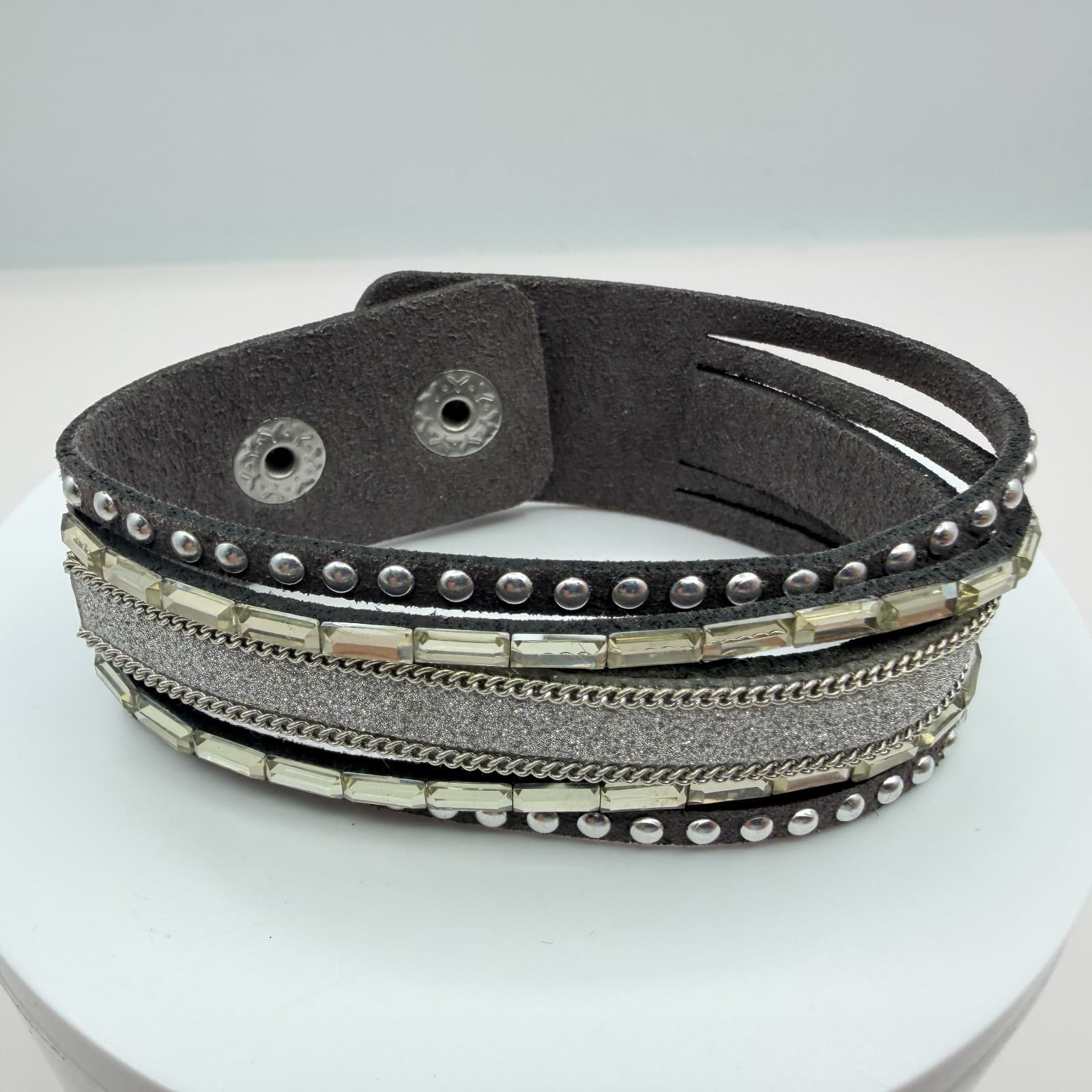 Vintage Gray Faux Suede Cuff Bracelet Chunky Layered Rhinestone Chain Studded - Thumbnail 3