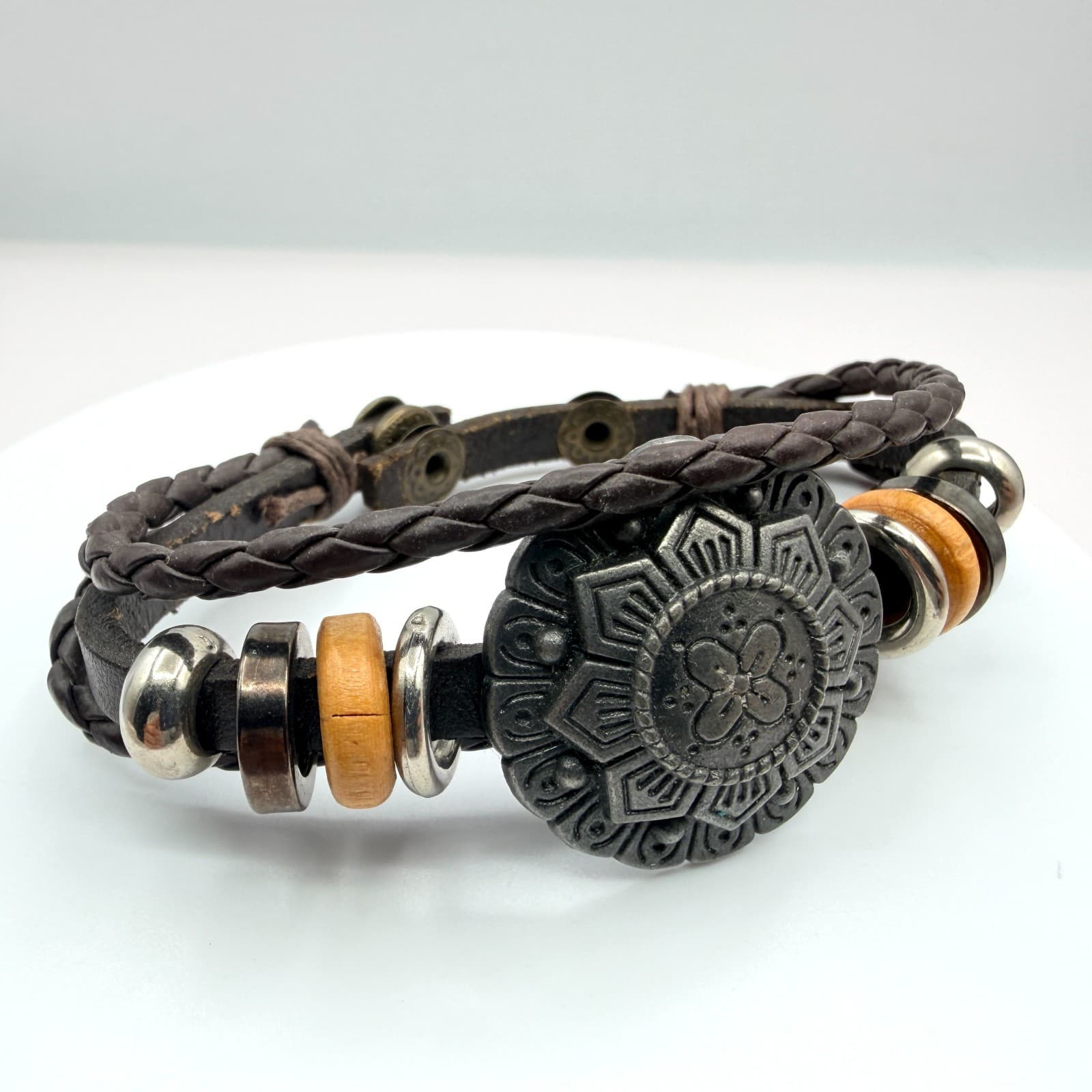 Vintage Multi Strand Leather Bracelet Wood Beads Metal Medallion Cuff Tribal 90s