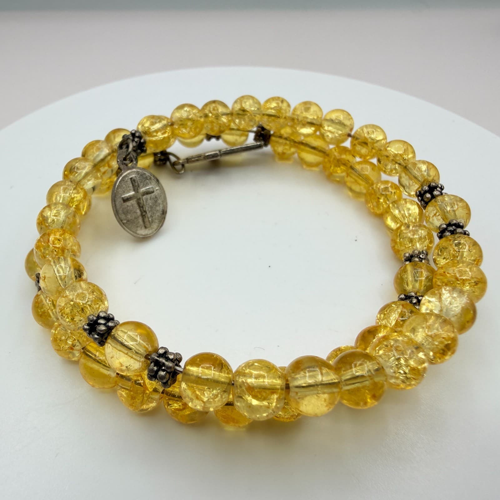 Vintage Yellow Beaded Wrap Bracelet Crackle Glass Citrine Color Cross Charm Boho - Thumbnail 6