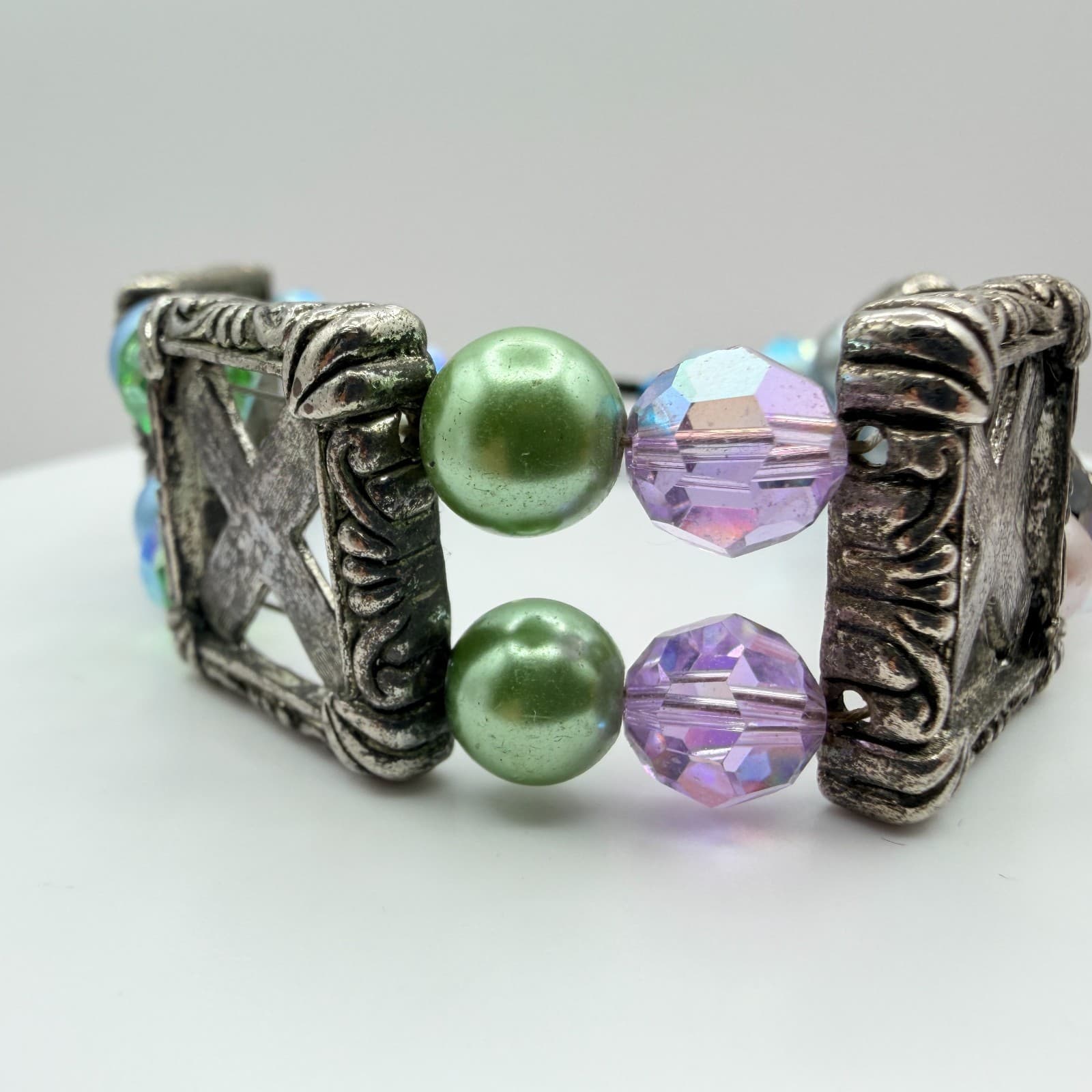 Vintage Silver Tone Chunky Beaded Bracelet Statement Boho Multi Color Faux Pearl - Thumbnail 7