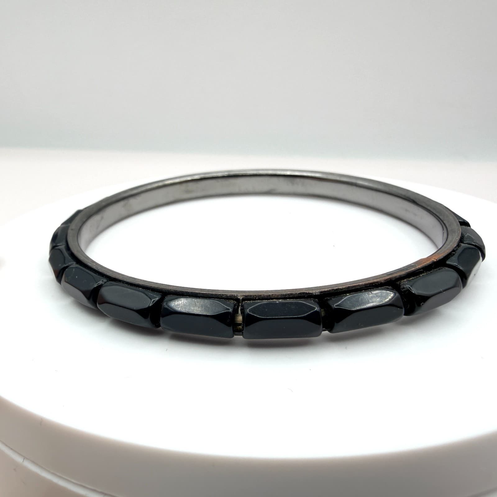 Vintage Silver Tone Bangle Bracelet Black Stone Style Accents Stackable Slim 90s