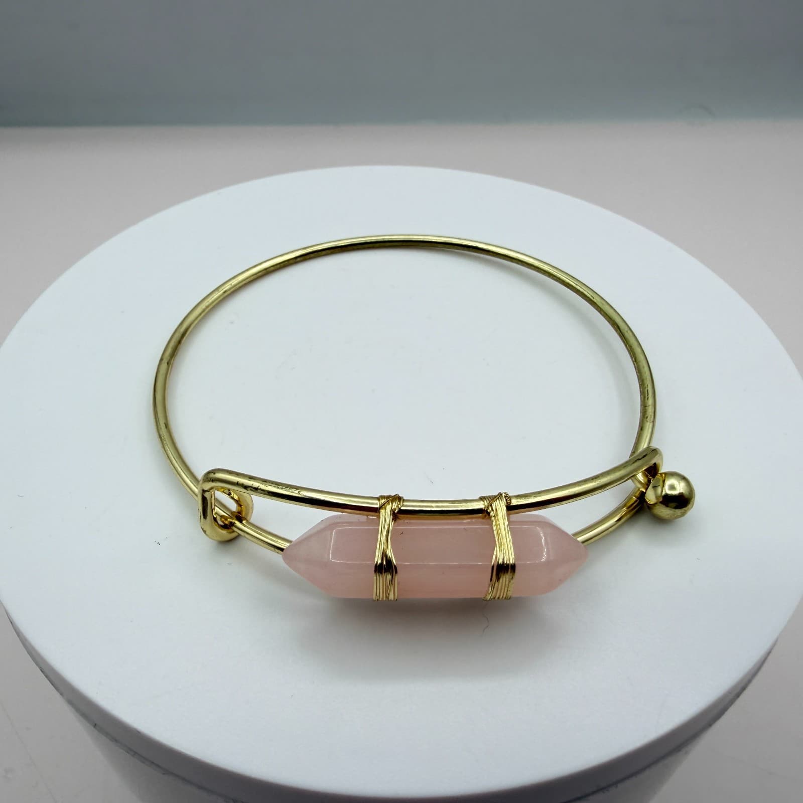 Vintage Gold Tone Hook Bangle Bracelet Pink Quartz Style Point Wire Wrapped Boho - Thumbnail 2
