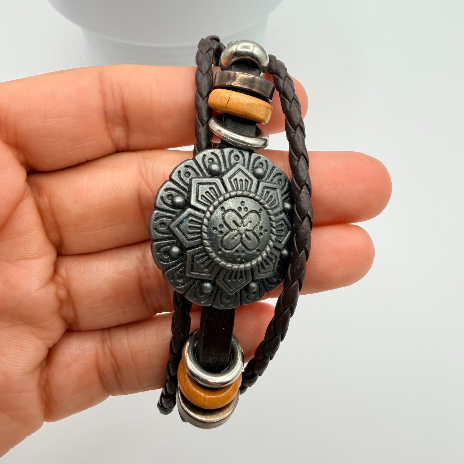 Vintage Multi Strand Leather Bracelet Wood Beads Metal Medallion Cuff Tribal 90s - Thumbnail 9