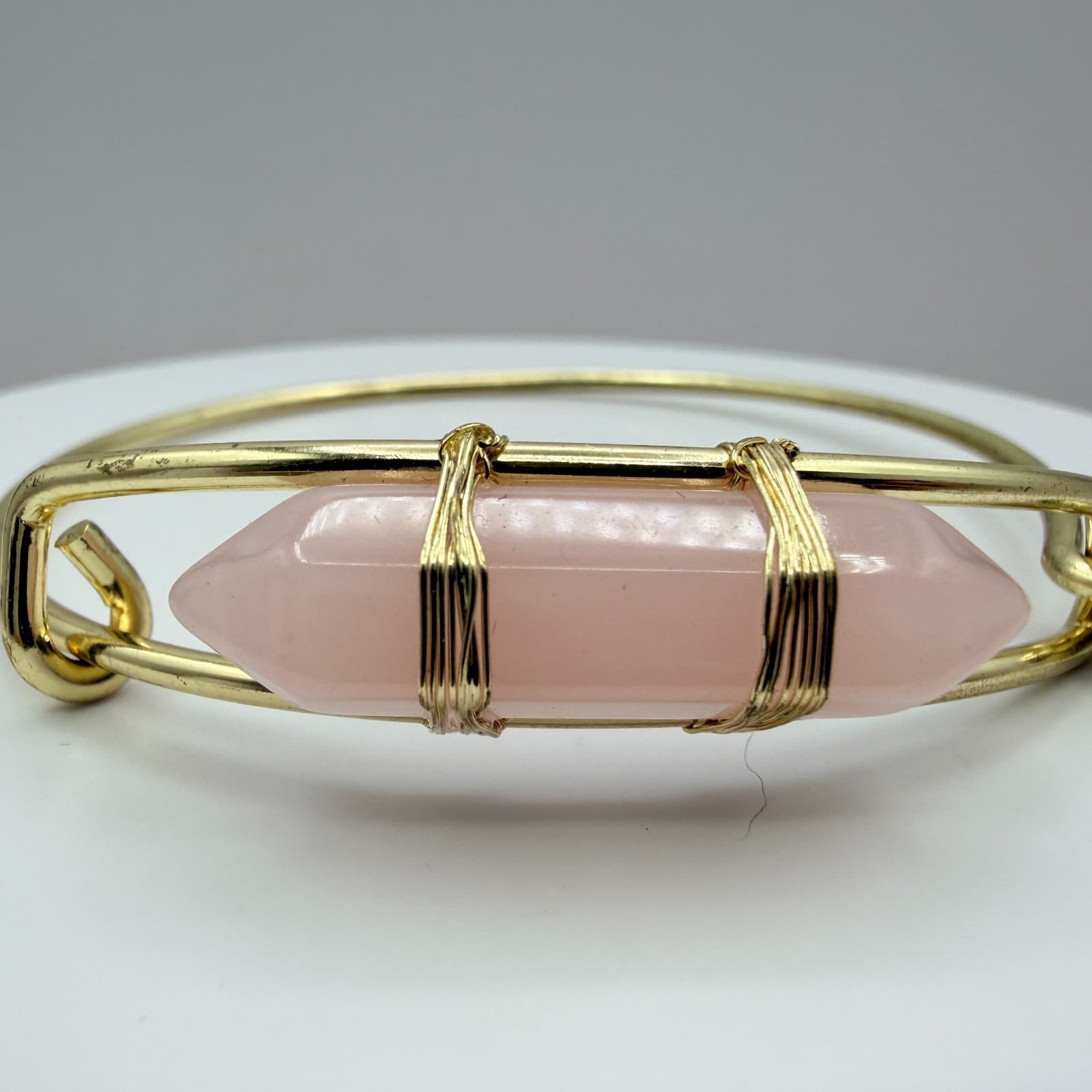 Vintage Gold Tone Hook Bangle Bracelet Pink Quartz Style Point Wire Wrapped Boho - Thumbnail 3
