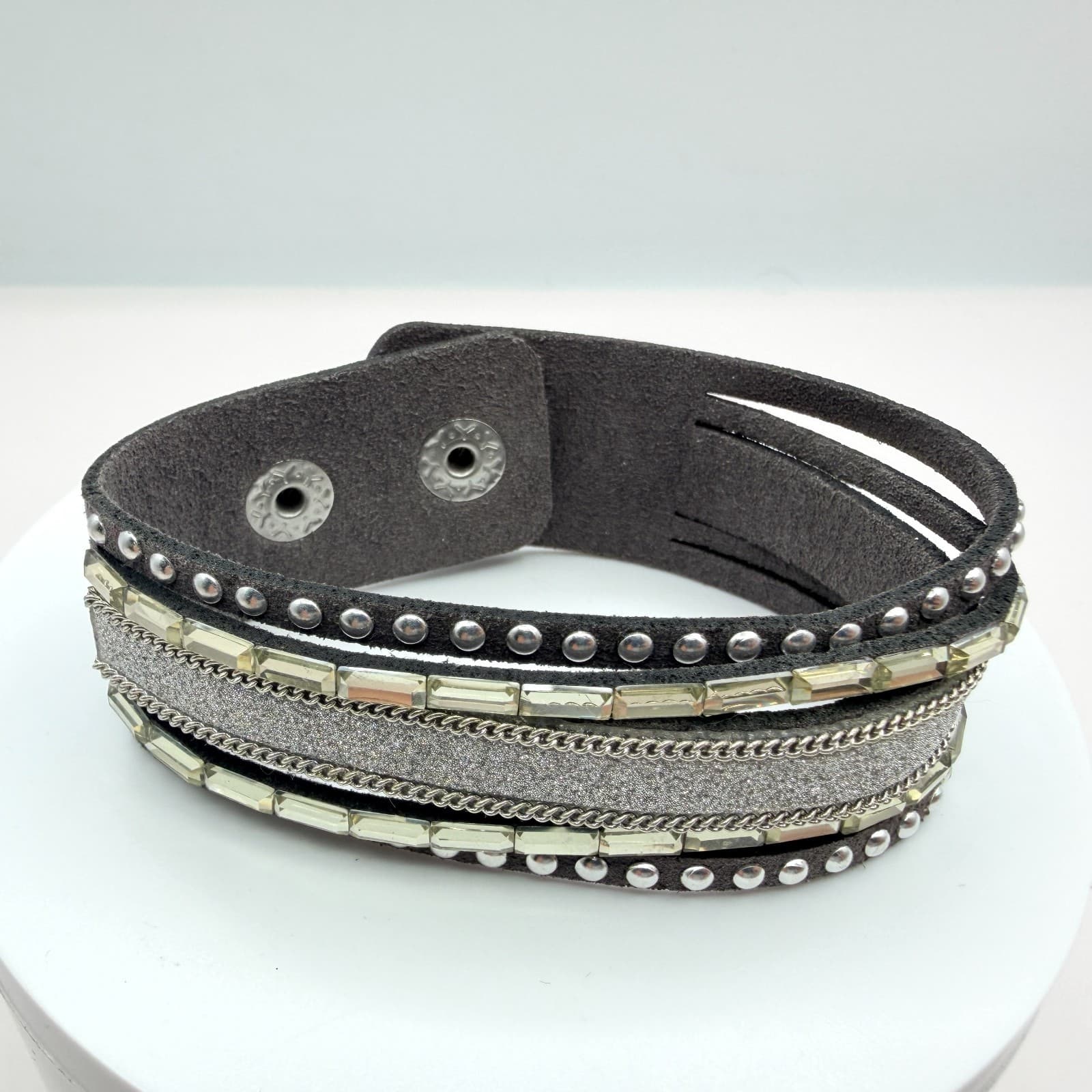 Vintage Gray Faux Suede Cuff Bracelet Chunky Layered Rhinestone Chain Studded