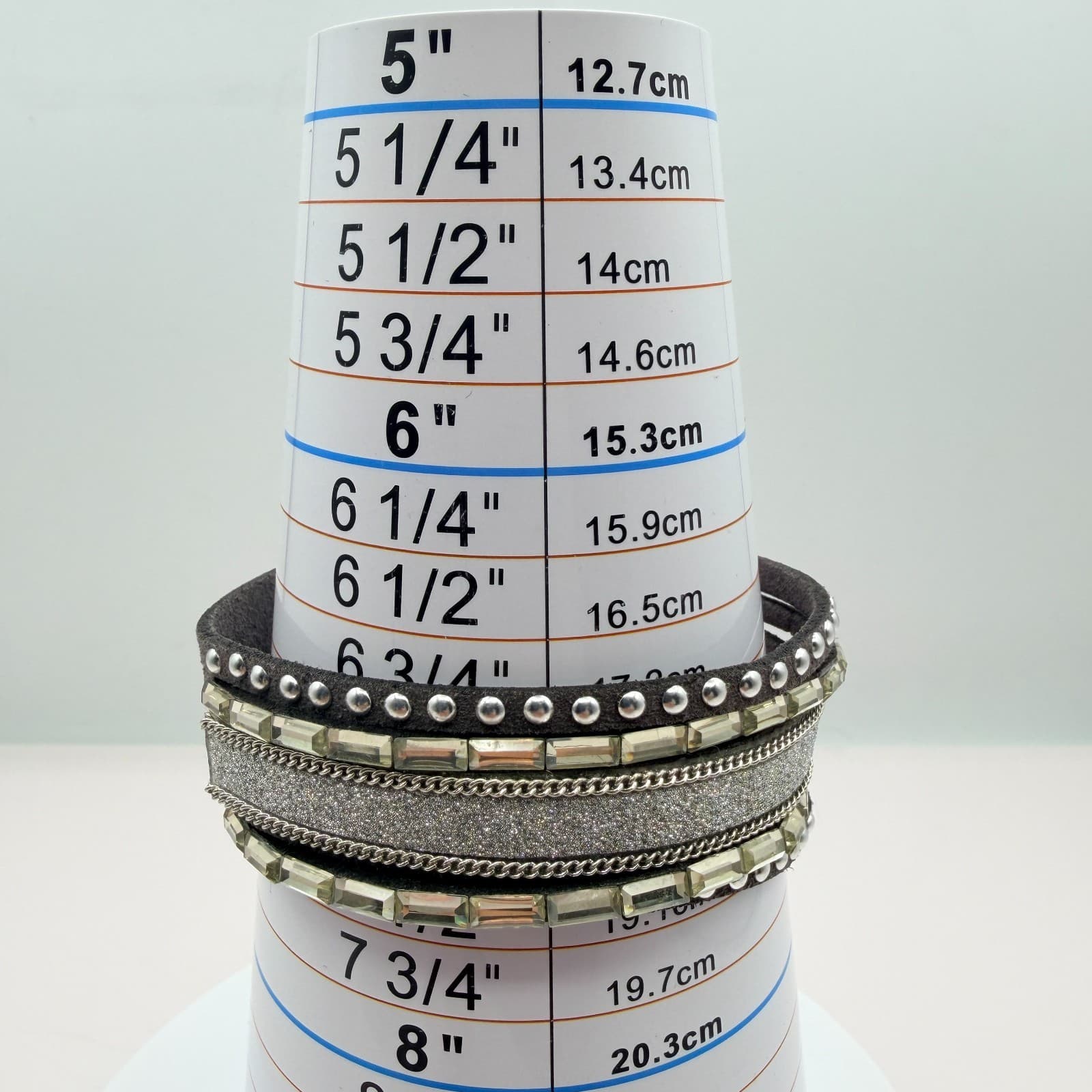Vintage Gray Faux Suede Cuff Bracelet Chunky Layered Rhinestone Chain Studded - Thumbnail 10