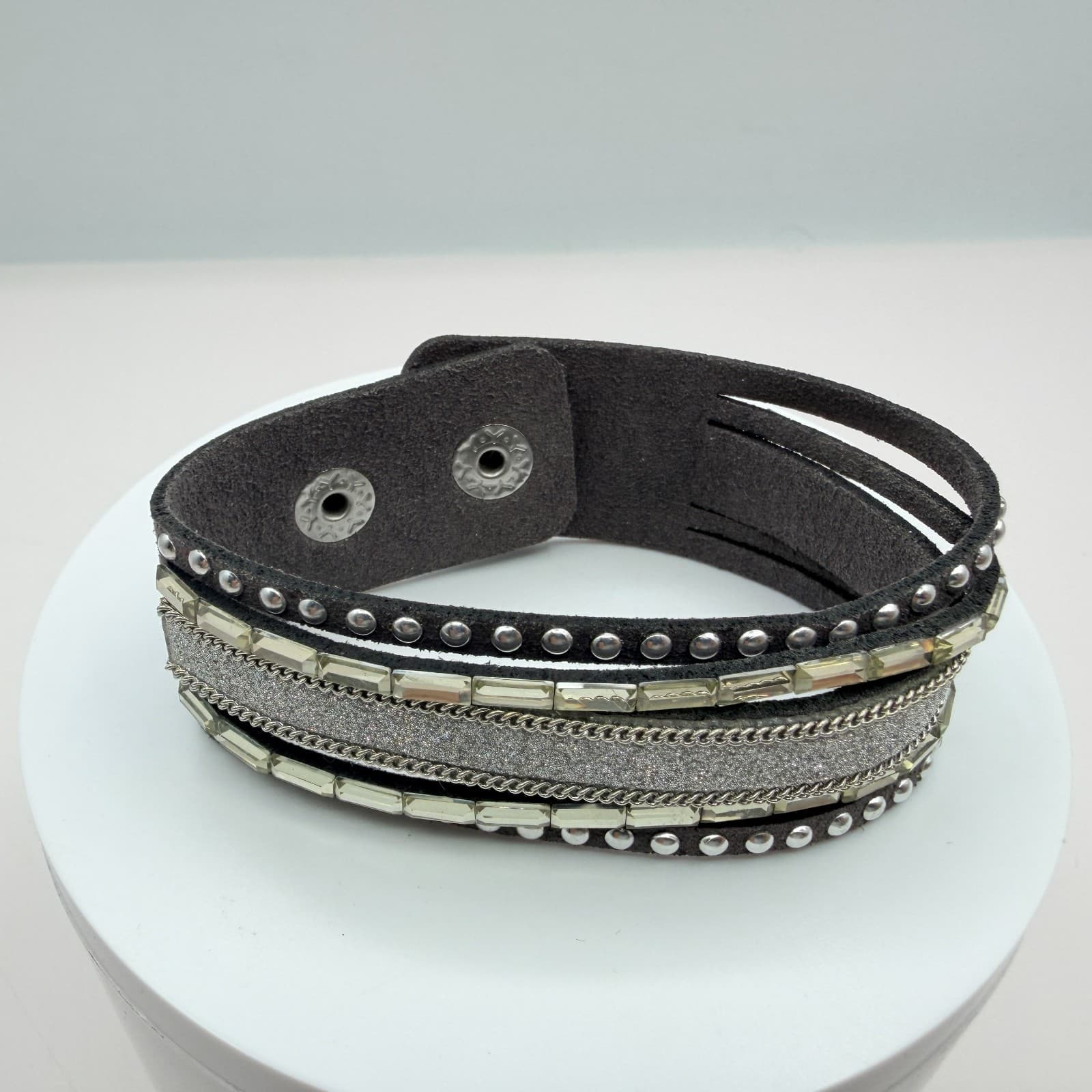 Vintage Gray Faux Suede Cuff Bracelet Chunky Layered Rhinestone Chain Studded - Thumbnail 2