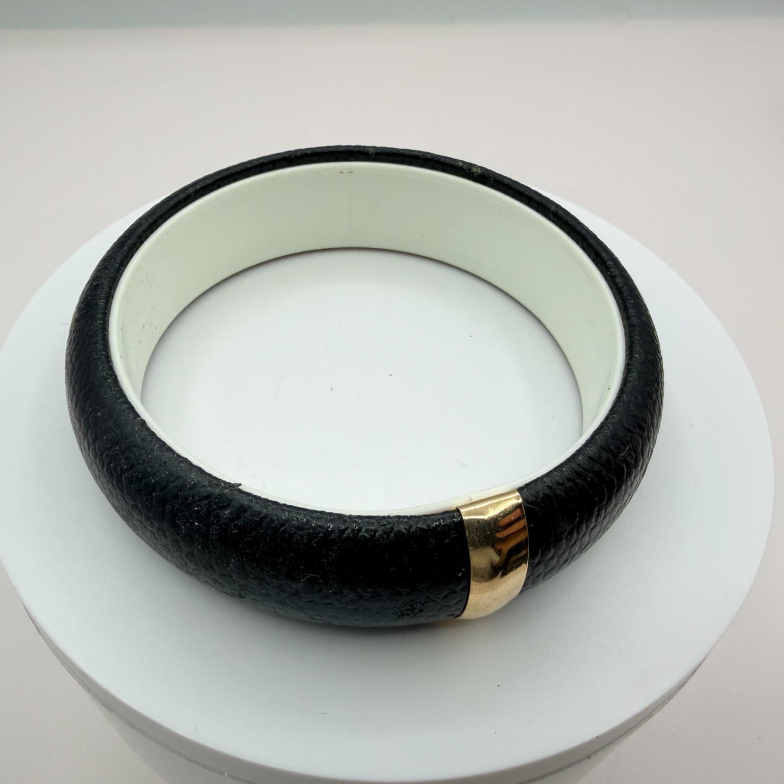 Vintage Black Faux Leather Bangle Bracelet Gold Tone Accent Chunky Statement 90s - Thumbnail 3