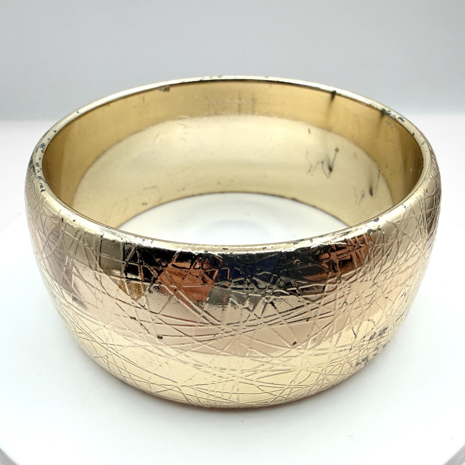 Vintage Gold Tone Bangle Bracelet Cross Hatch Textured Wide Chunky Statement 90s