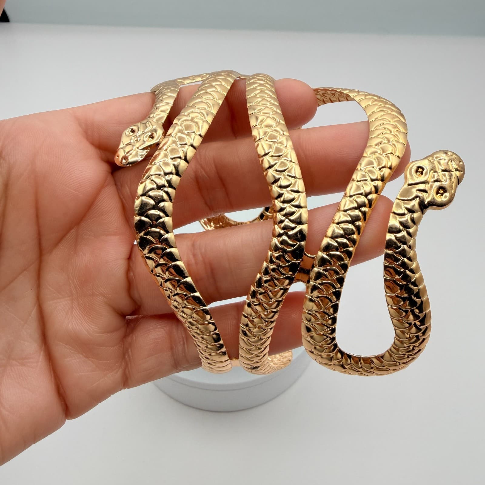 Vintage Gold Tone Snake Coil Cuff Bracelet Chunky Serpent Statement Bold Retro - Thumbnail 5