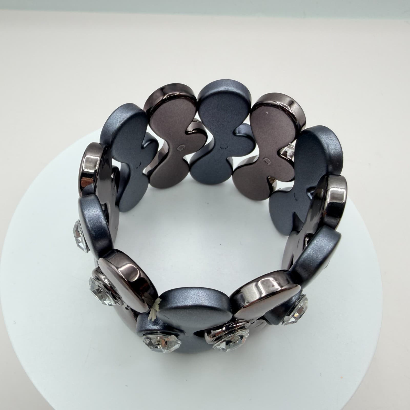 Vintage Gray Stretch Bracelet Rhinestone Accents Geometric Chunky Panel Wide 90s - Thumbnail 4