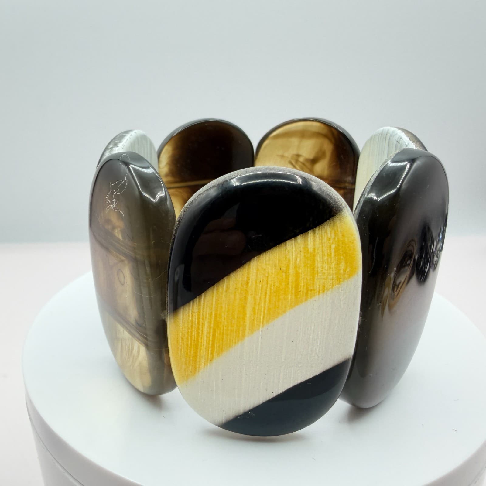 Vintage Acrylic Stretch Bracelet Chunky Wide Panel Striped Marbled Statement 90s - Thumbnail 2