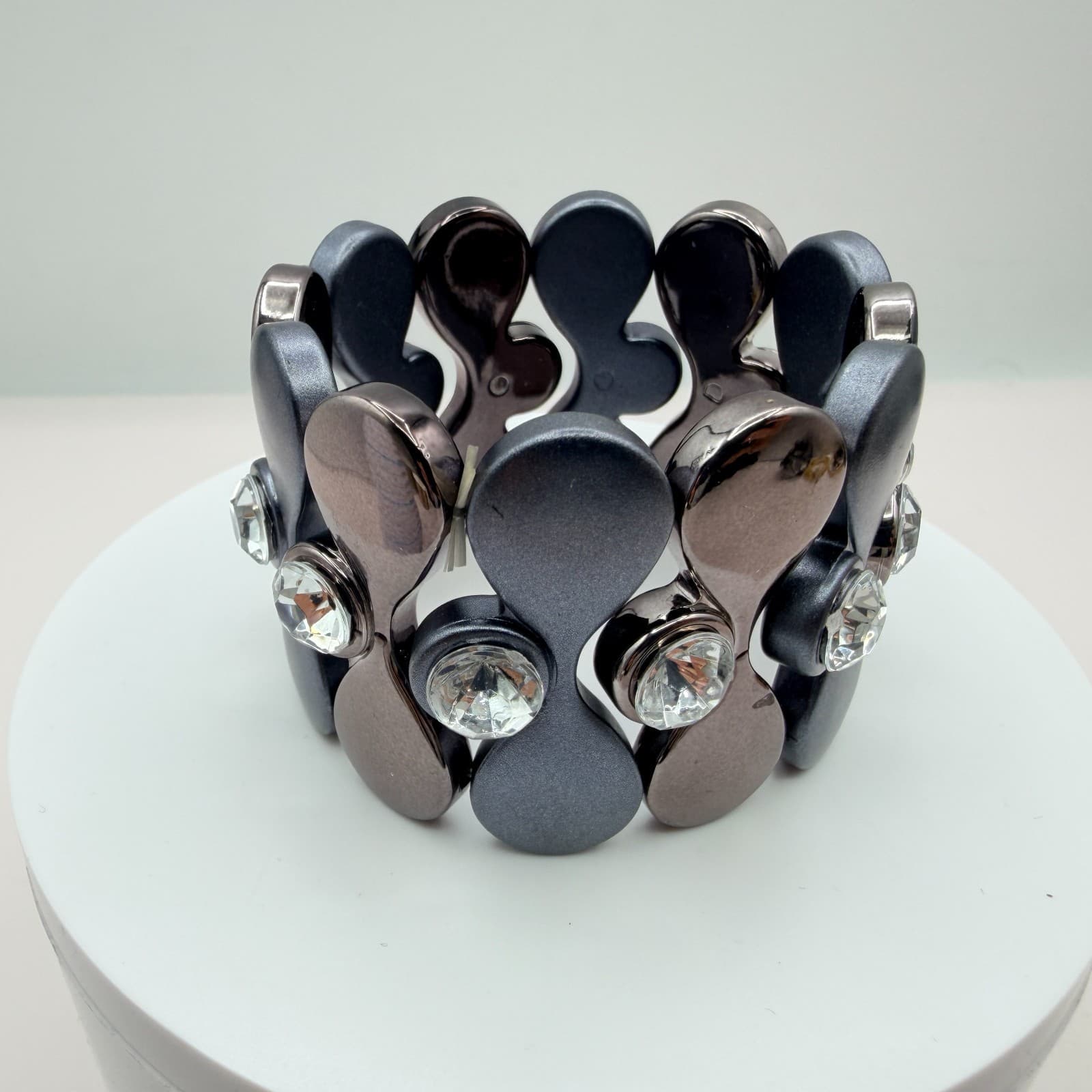 Vintage Gray Stretch Bracelet Rhinestone Accents Geometric Chunky Panel Wide 90s - Thumbnail 7