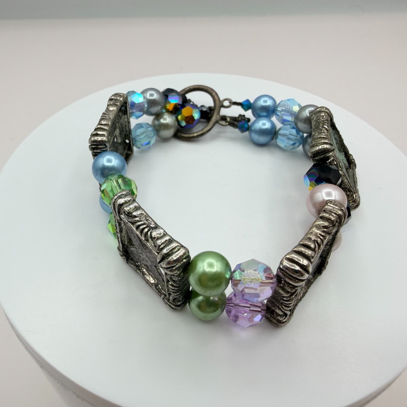Vintage Silver Tone Chunky Beaded Bracelet Statement Boho Multi Color Faux Pearl - Thumbnail 5