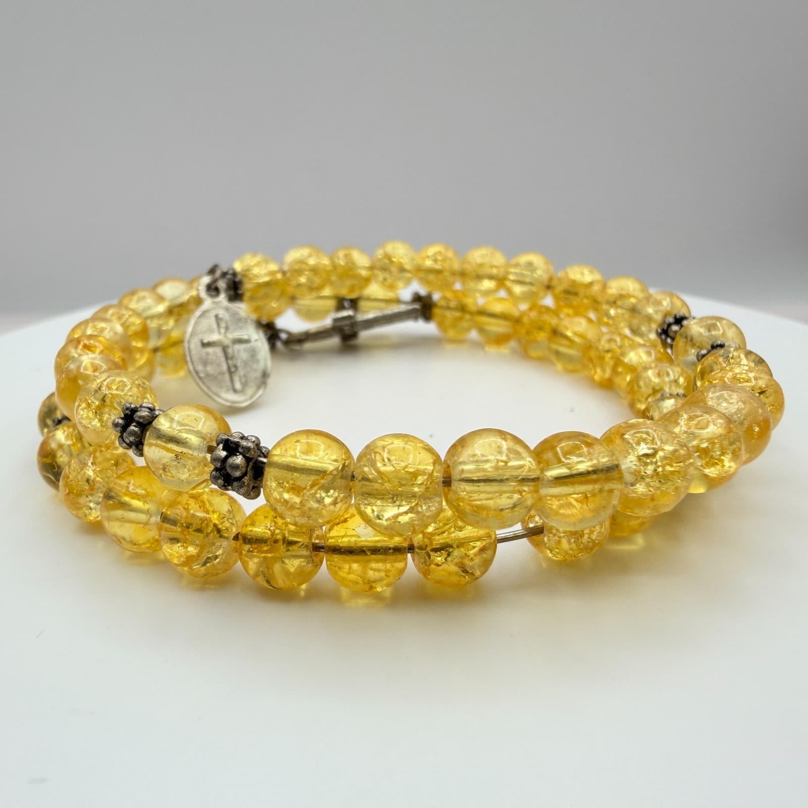 Vintage Yellow Beaded Wrap Bracelet Crackle Glass Citrine Color Cross Charm Boho - Thumbnail 4