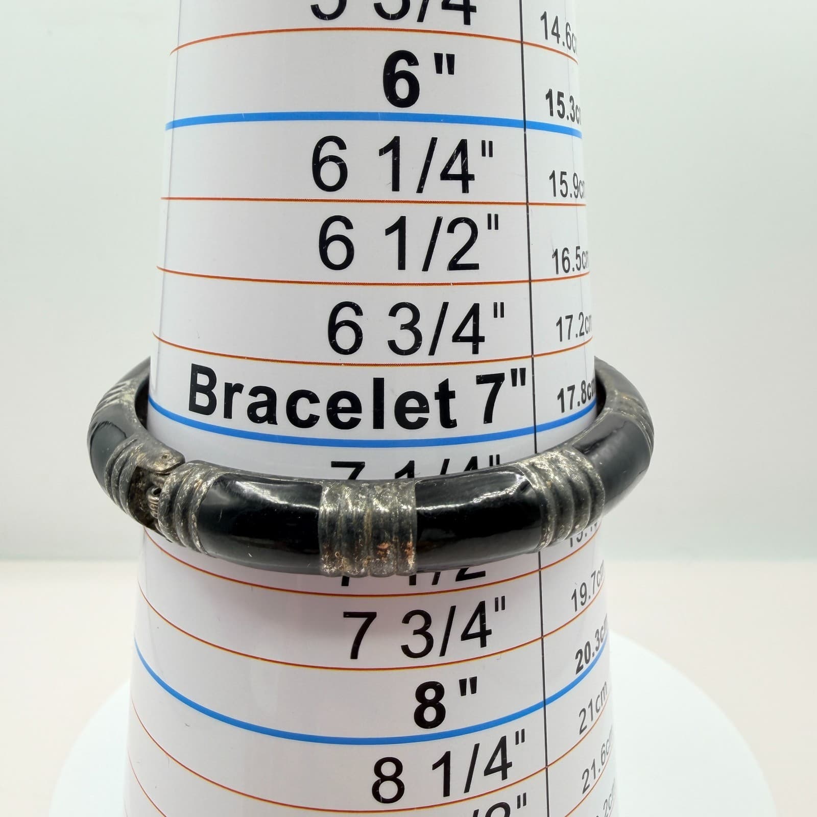 Vintage Silver Tone Clamper Bracelet Black Enamel Segmented Ribbed Hinged Bangle - Thumbnail 7
