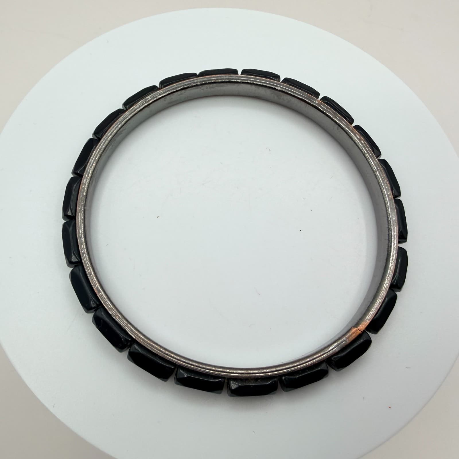 Vintage Silver Tone Bangle Bracelet Black Stone Style Accents Stackable Slim 90s - Thumbnail 5