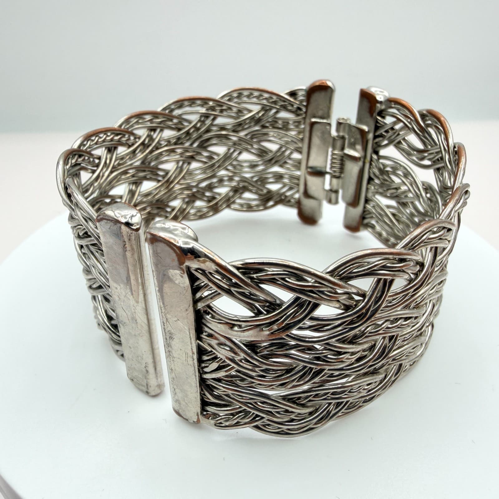 Vintage Silver Tone Cuff Bracelet Braided Wire Mesh Wide Hinged Bypass Bangle