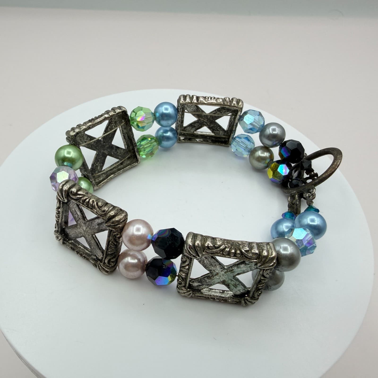 Vintage Silver Tone Chunky Beaded Bracelet Statement Boho Multi Color Faux Pearl - Thumbnail 8
