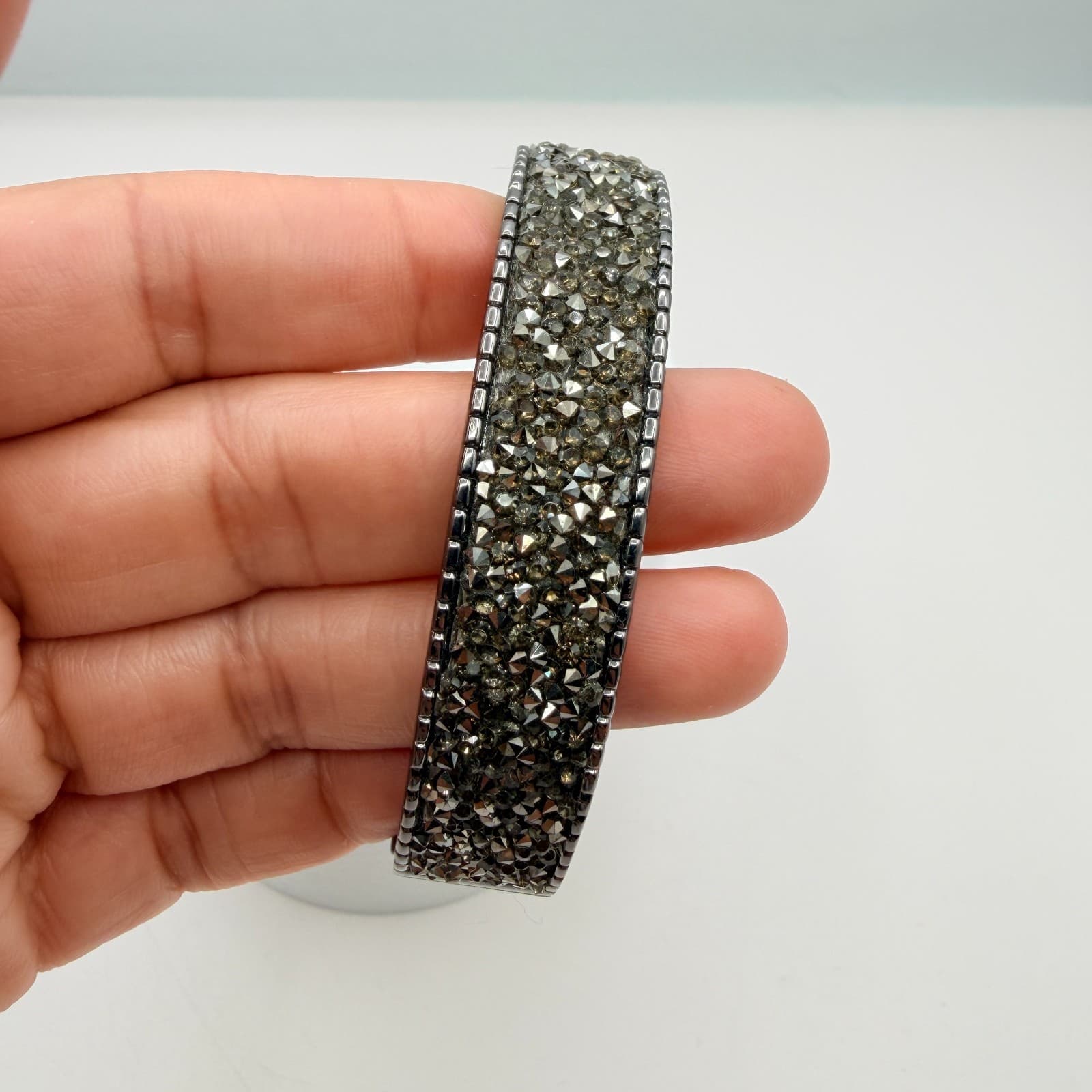 Vintage Gunmetal Tone Clamper Bracelet Gray Rhinestone Hinged Statement Y2K 90s - Thumbnail 8