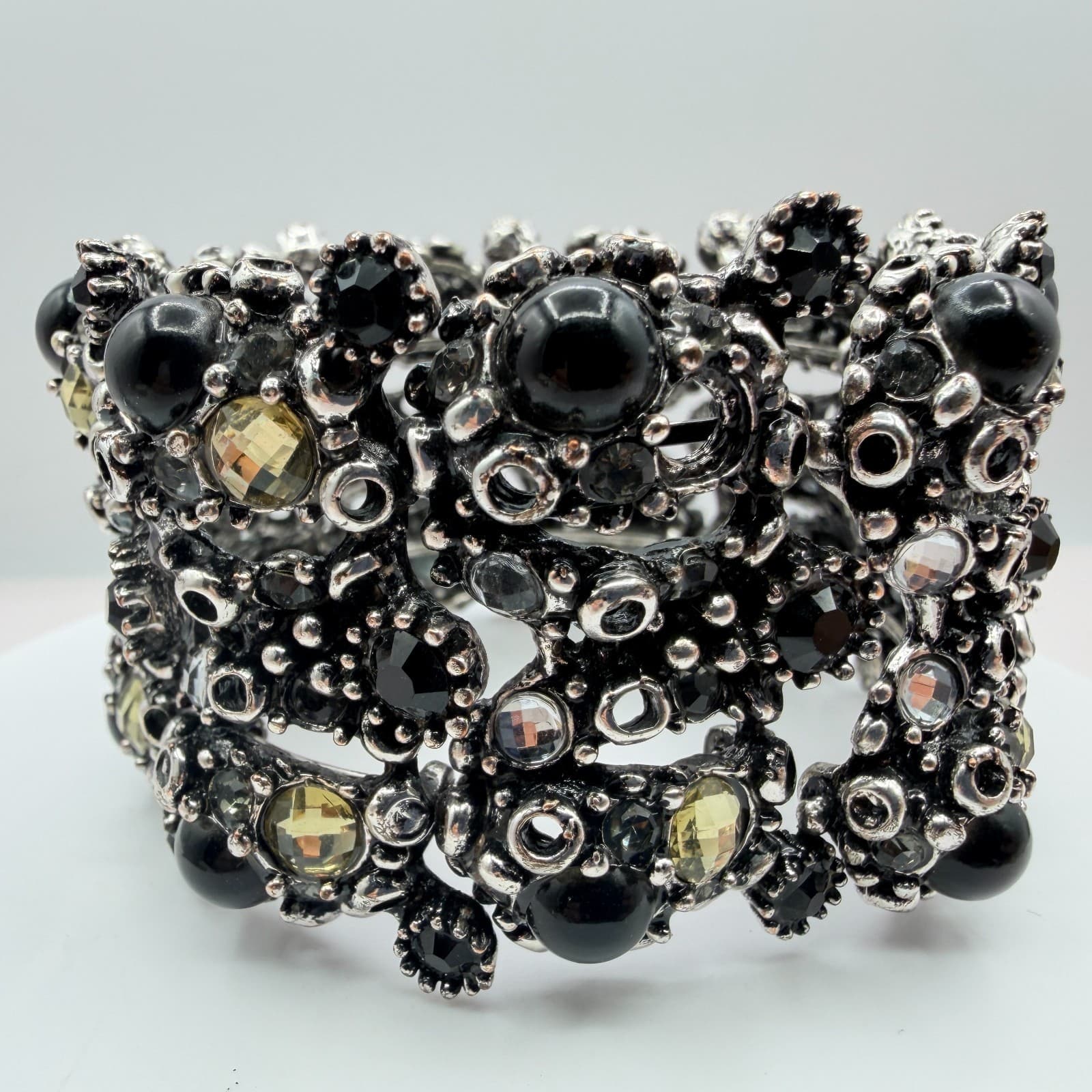 Vintage Silver Tone Stretch Cuff Bracelet Black Rhinestone Chunky Wide Statement - Thumbnail 5