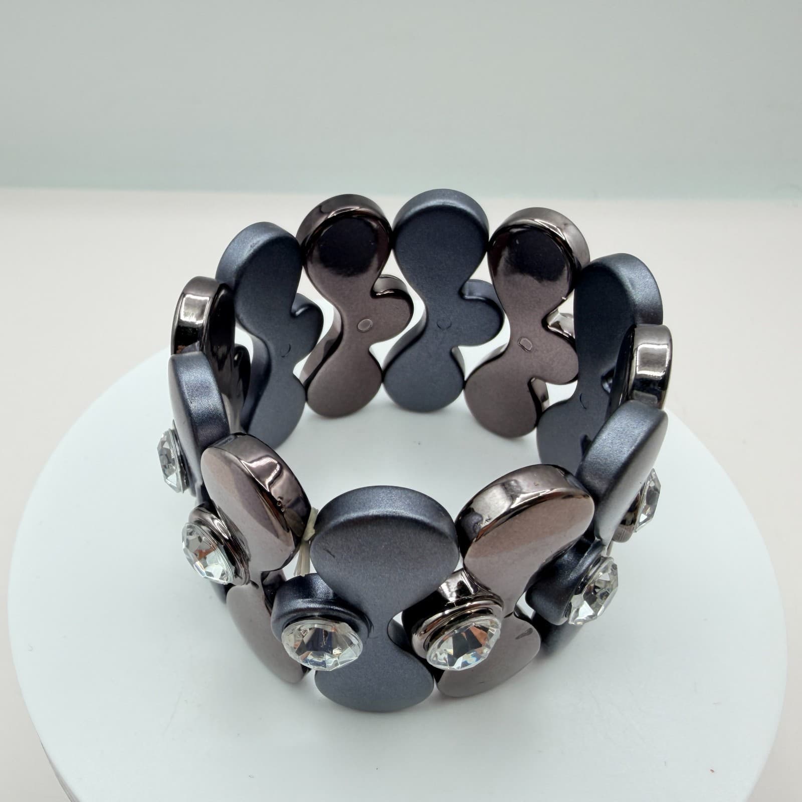 Vintage Gray Stretch Bracelet Rhinestone Accents Geometric Chunky Panel Wide 90s - Thumbnail 3
