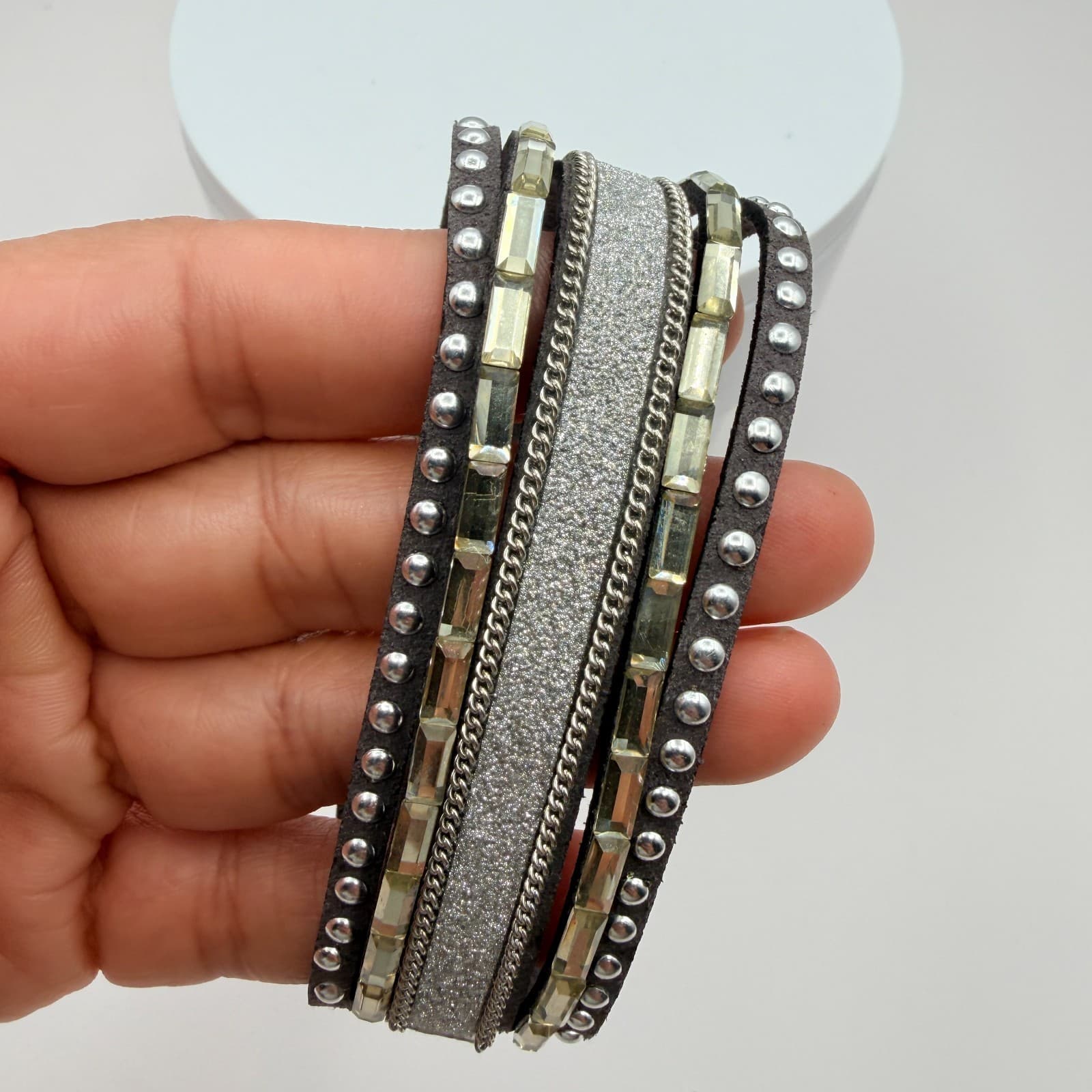 Vintage Gray Faux Suede Cuff Bracelet Chunky Layered Rhinestone Chain Studded - Thumbnail 9