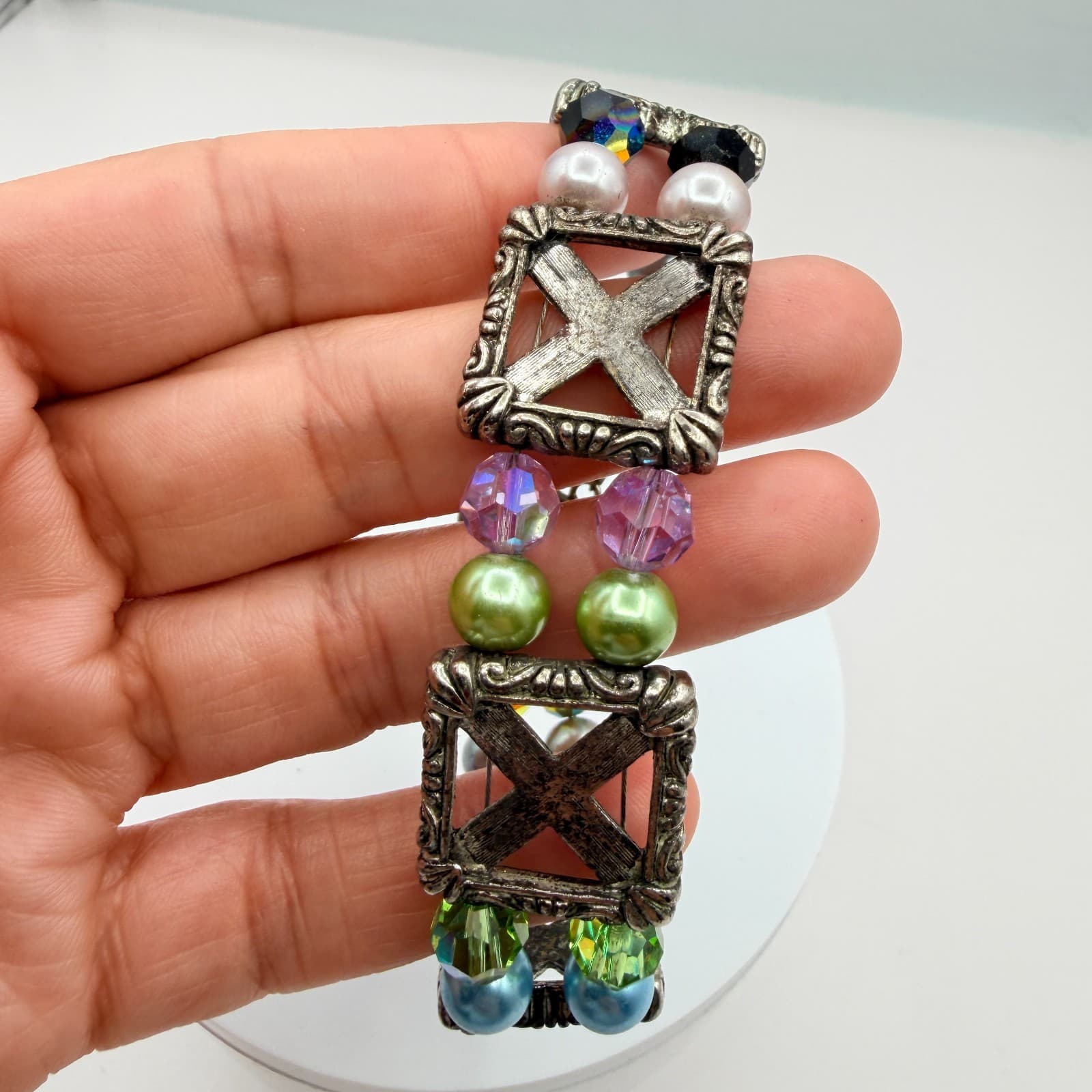 Vintage Silver Tone Chunky Beaded Bracelet Statement Boho Multi Color Faux Pearl - Thumbnail 9