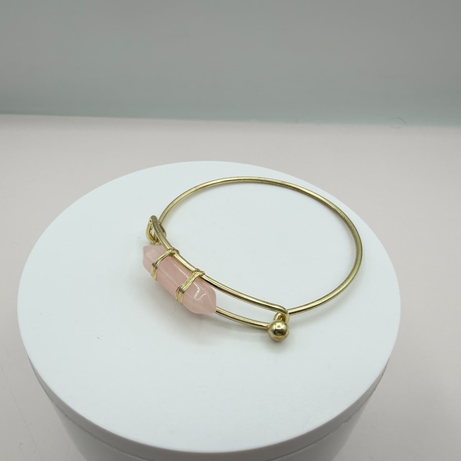Vintage Gold Tone Hook Bangle Bracelet Pink Quartz Style Point Wire Wrapped Boho - Thumbnail 7