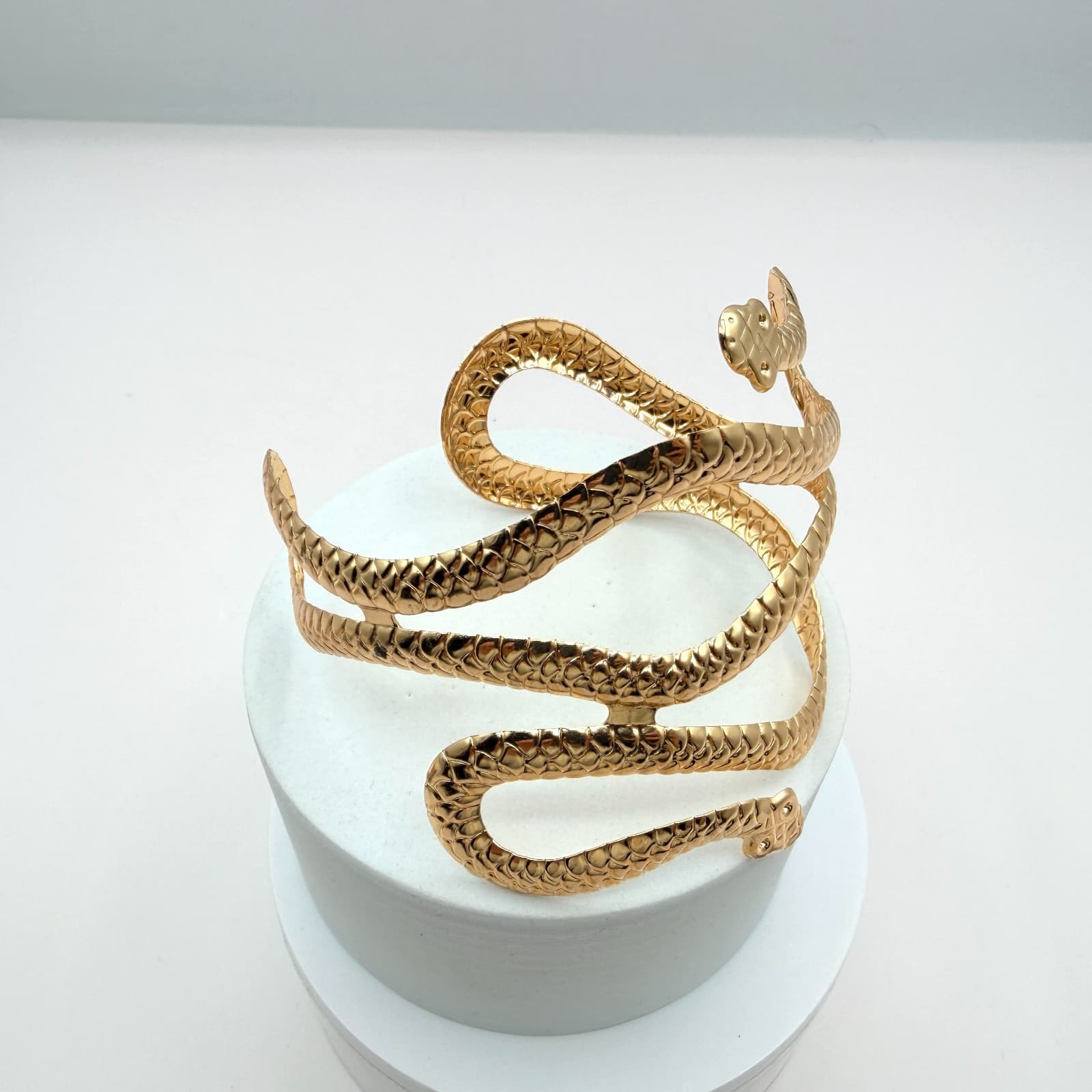 Vintage Gold Tone Snake Coil Cuff Bracelet Chunky Serpent Statement Bold Retro