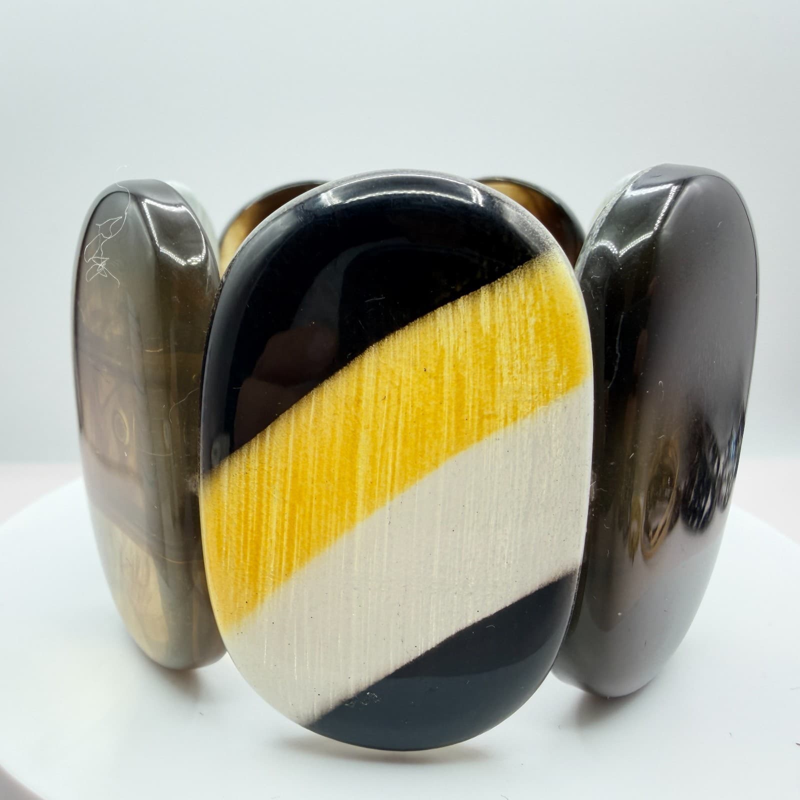 Vintage Acrylic Stretch Bracelet Chunky Wide Panel Striped Marbled Statement 90s - Thumbnail 5