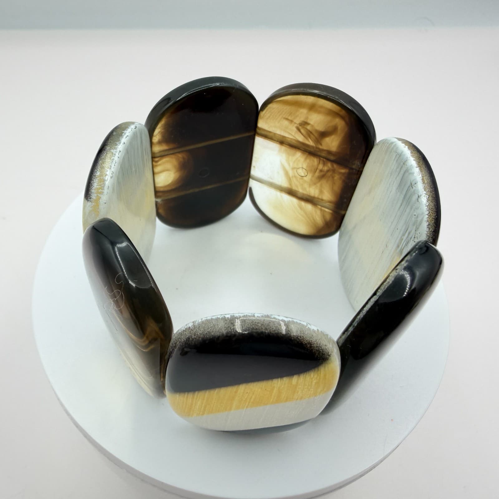 Vintage Acrylic Stretch Bracelet Chunky Wide Panel Striped Marbled Statement 90s - Thumbnail 4