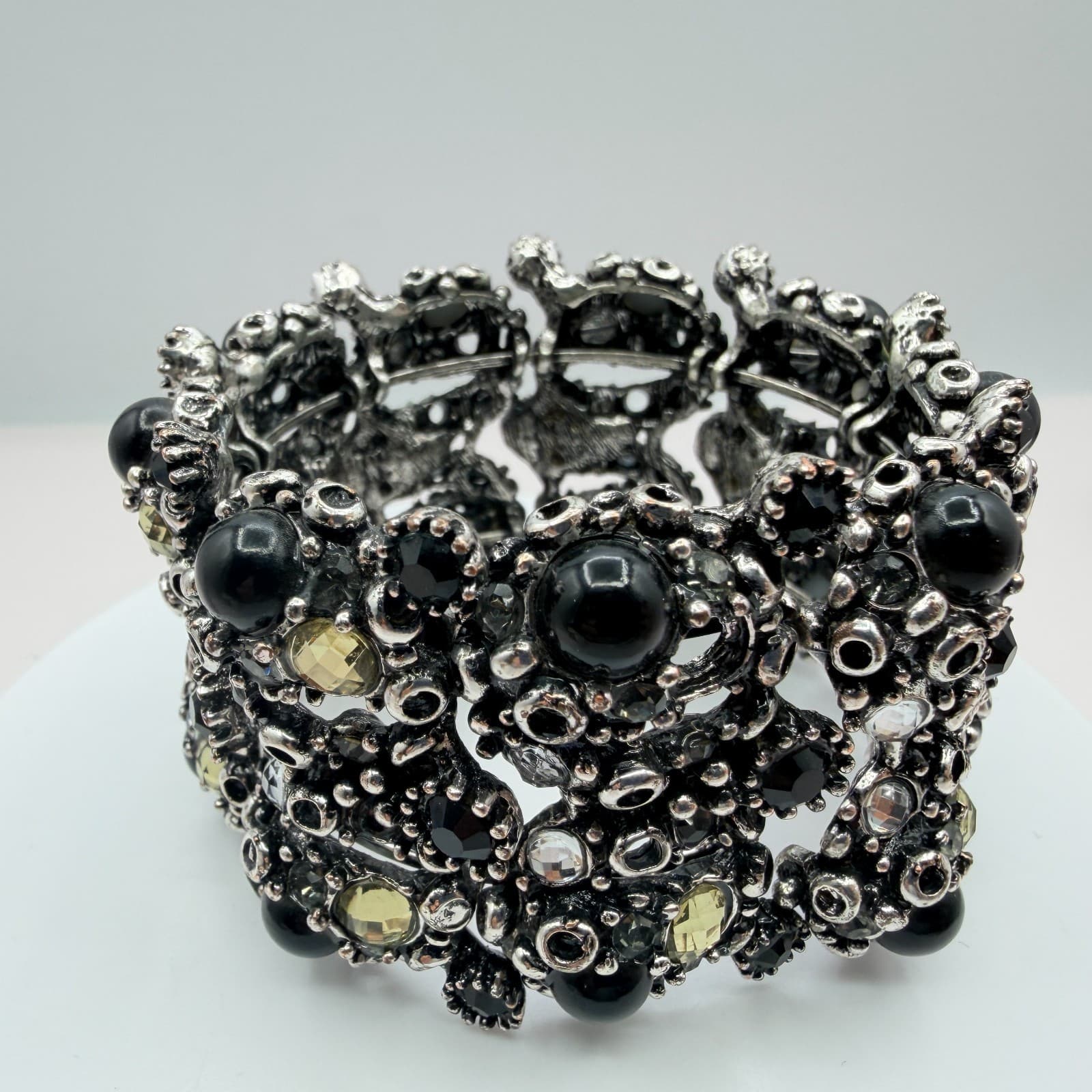 Vintage Silver Tone Stretch Cuff Bracelet Black Rhinestone Chunky Wide Statement - Thumbnail 3