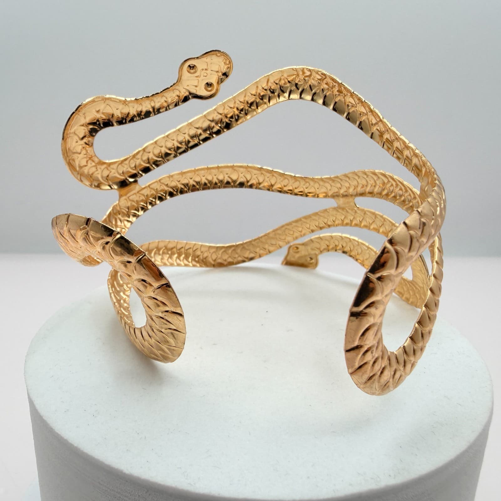 Vintage Gold Tone Snake Coil Cuff Bracelet Chunky Serpent Statement Bold Retro - Thumbnail 3