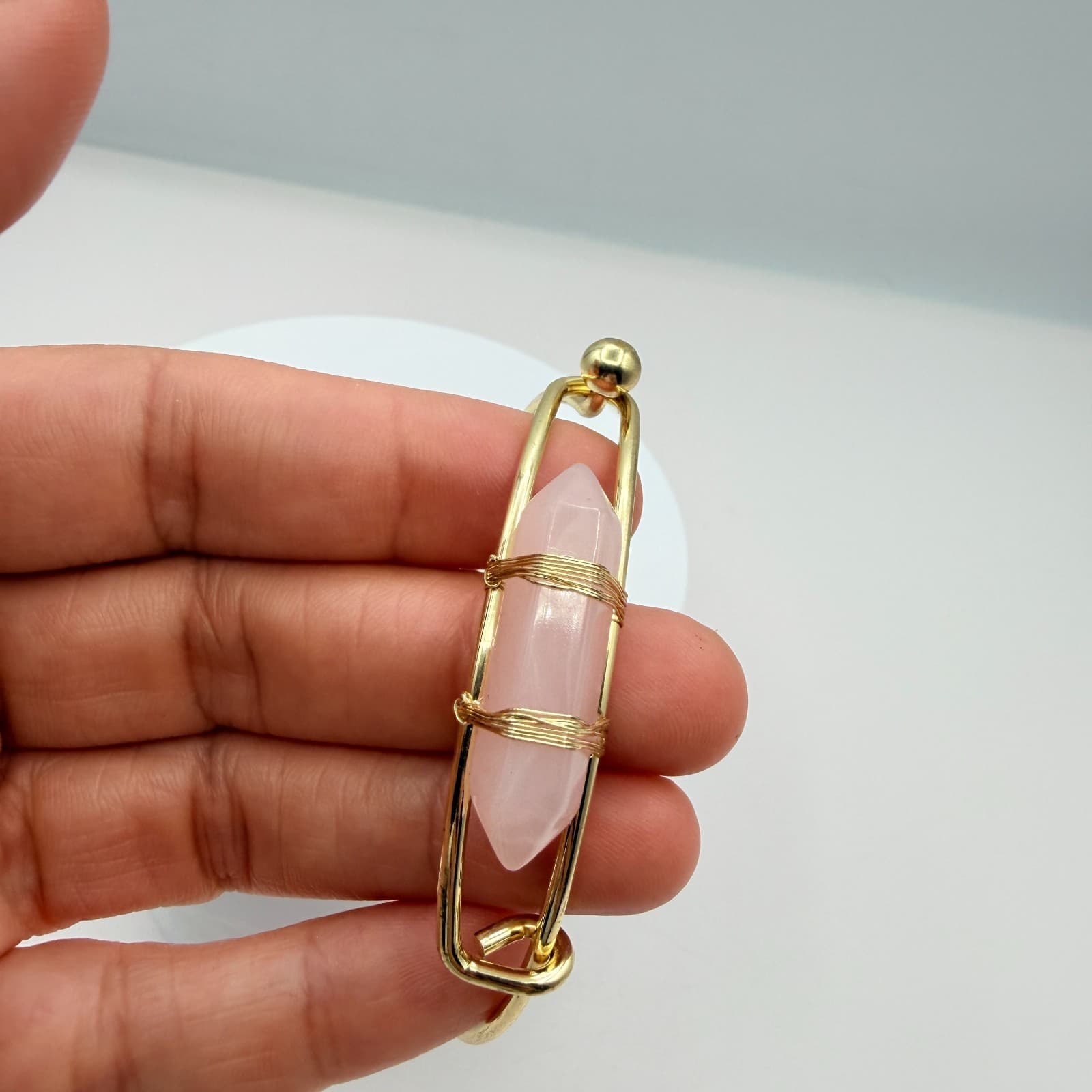 Vintage Gold Tone Hook Bangle Bracelet Pink Quartz Style Point Wire Wrapped Boho - Thumbnail 8
