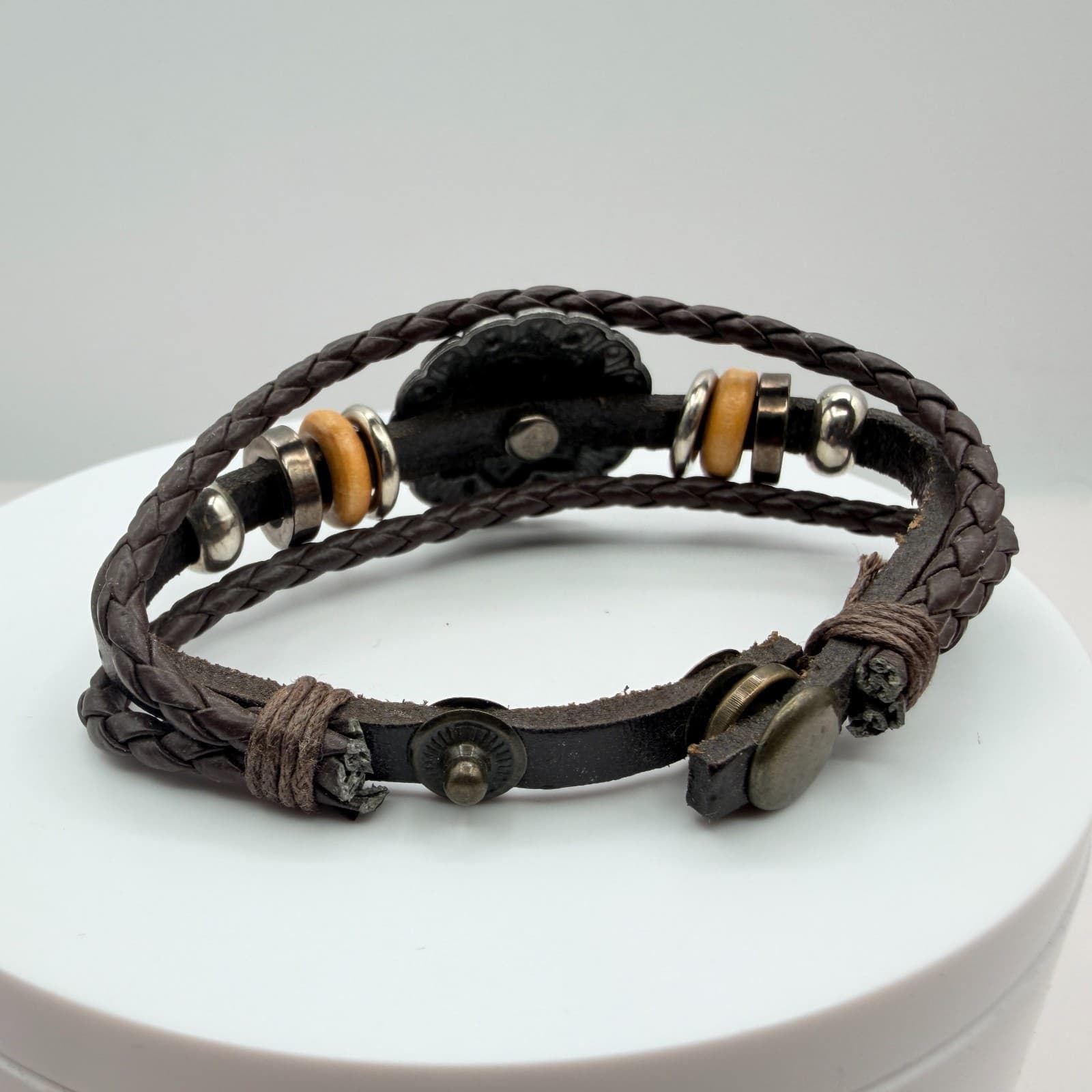 Vintage Multi Strand Leather Bracelet Wood Beads Metal Medallion Cuff Tribal 90s - Thumbnail 7